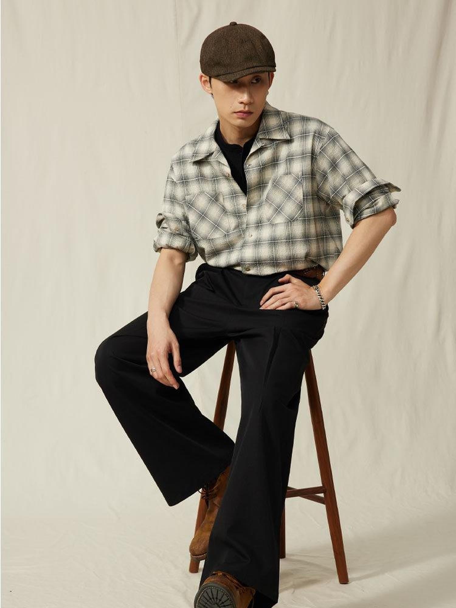 SUPERTOFU Breathable Cotton Loose Fit Cuban Collar Button Up Vintage Plaid Unisex Shirts