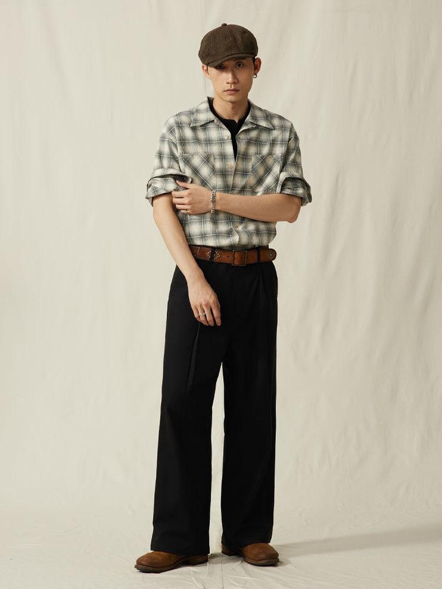 SUPERTOFU Breathable Cotton Loose Fit Cuban Collar Button Up Vintage Plaid Unisex Shirts