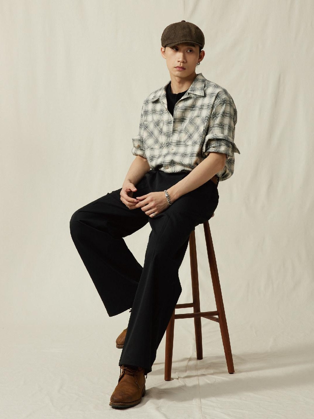 SUPERTOFU Breathable Cotton Loose Fit Cuban Collar Button Up Vintage Plaid Unisex Shirts