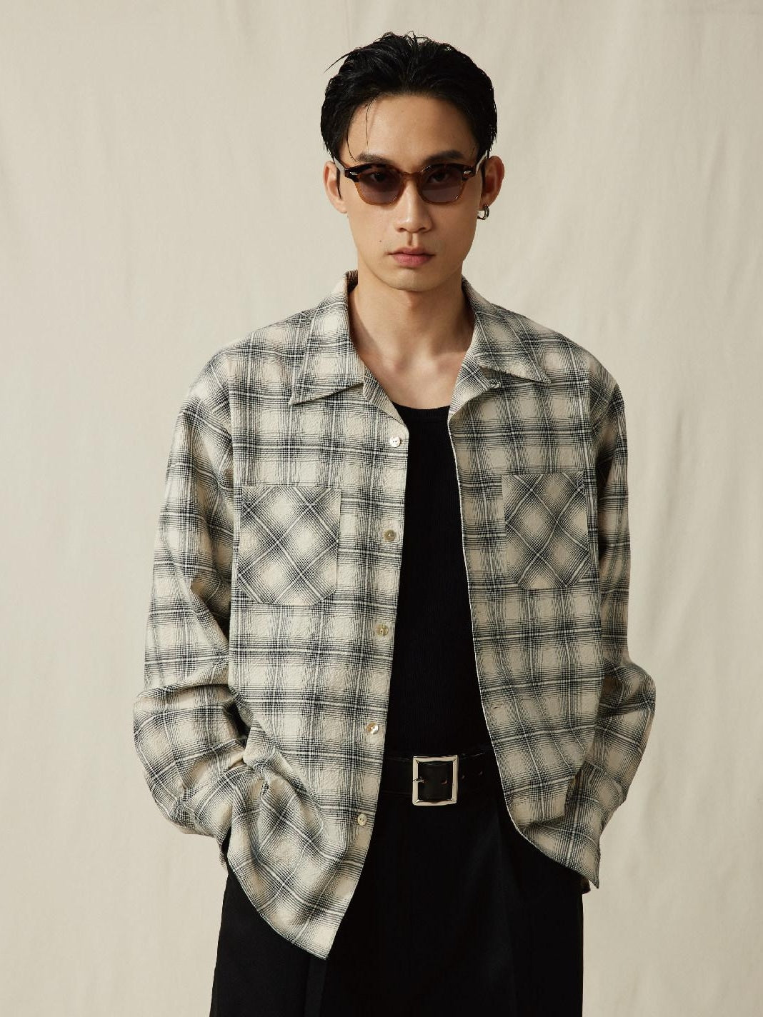 SUPERTOFU Breathable Cotton Loose Fit Cuban Collar Button Up Vintage Plaid Unisex Shirts