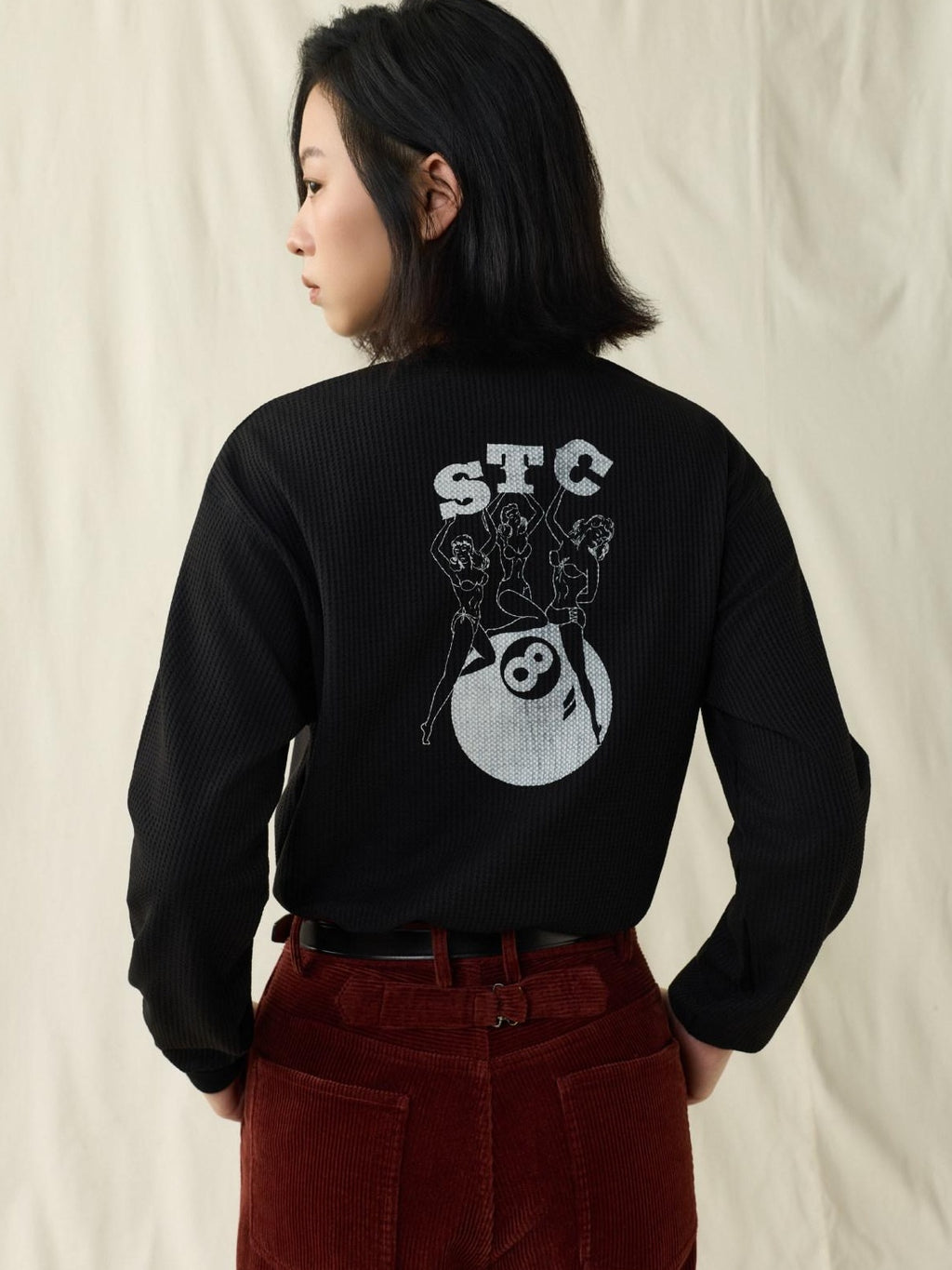 SUPERTOFU Breathable Skin Friendly Vintage Print Henley Collar Unisex Long Sleeve T-Shirts