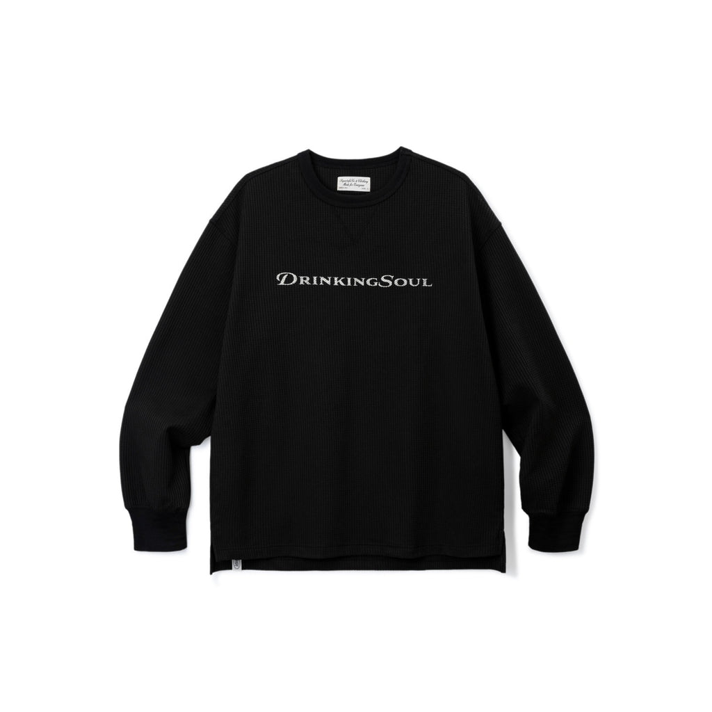 SUPERTOFU Soft Breathable Distressed Waffle Print Unisex Black Long Sleeve T-Shirts