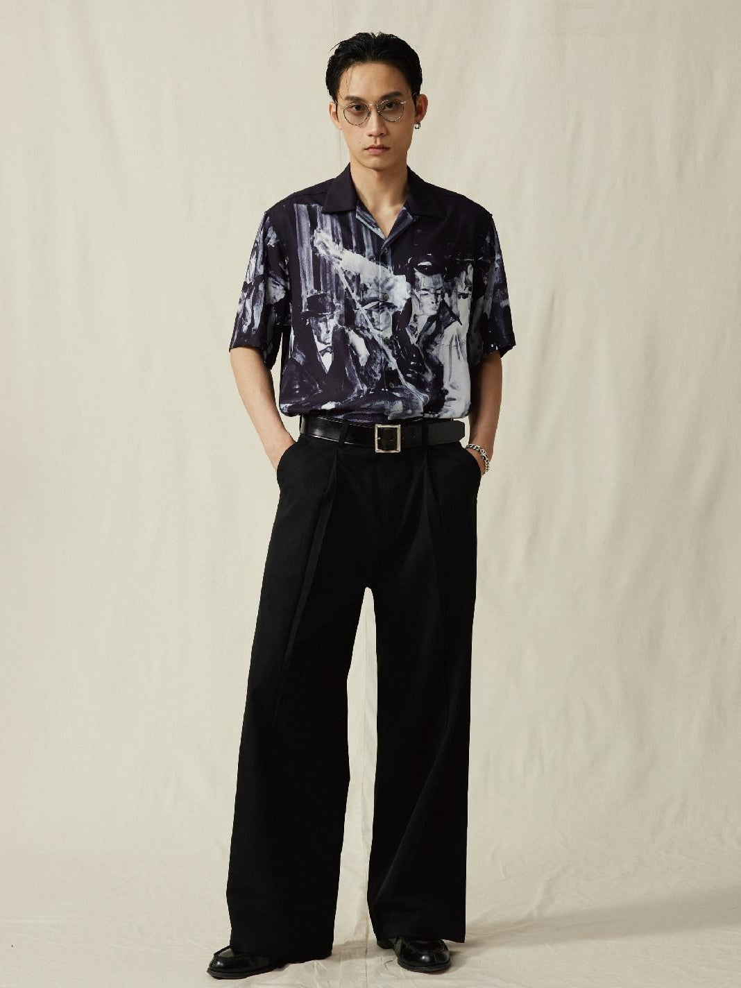 SUPERTOFU Cooling Vintage Cuban Collar Loose Printed Unisex Short Sleeve Polyester Shirts