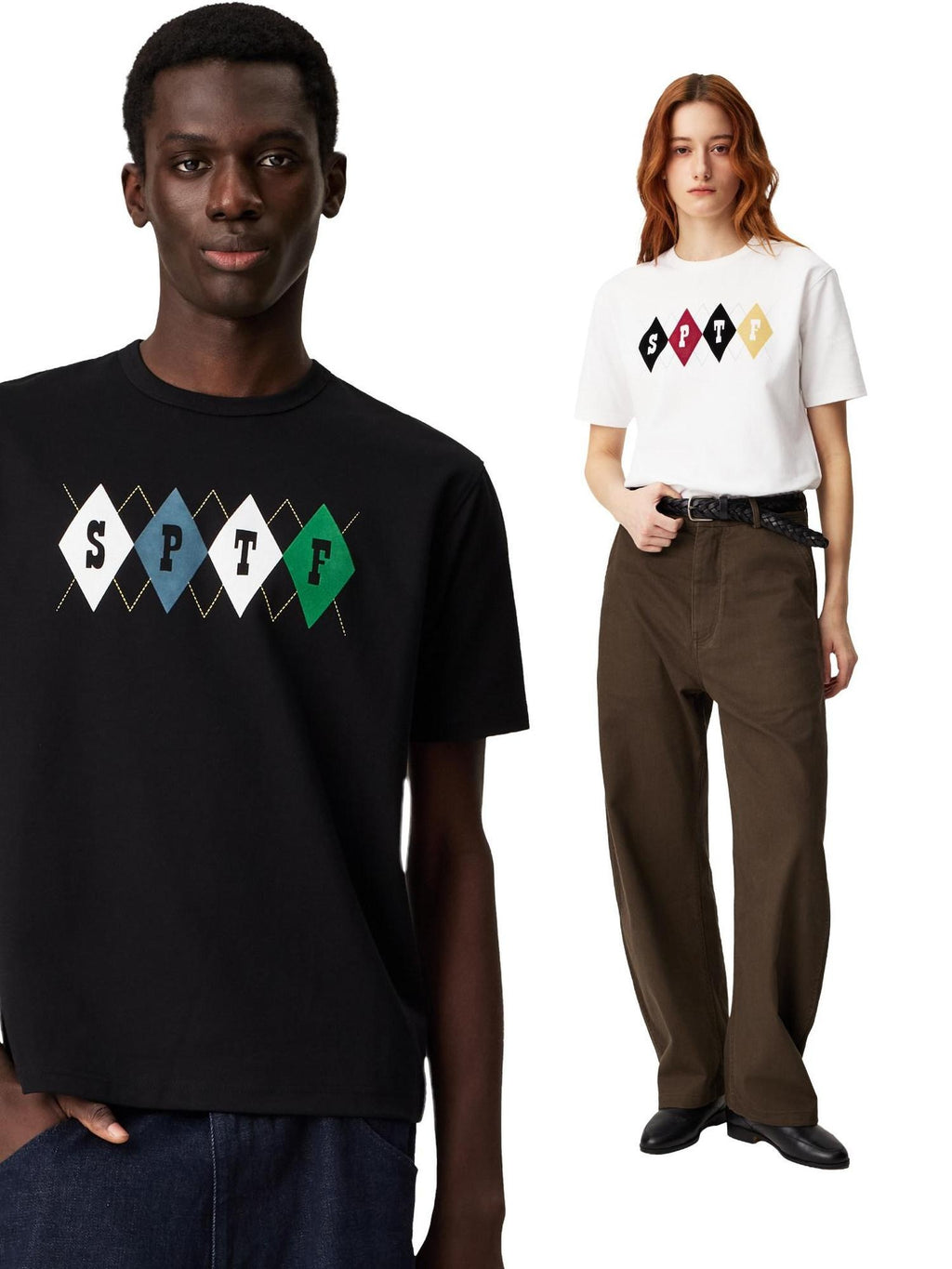 SUPERTOFU Cotton Flocked Loose Fit Vintage Argyle Unisex Short Sleeve T-Shirts