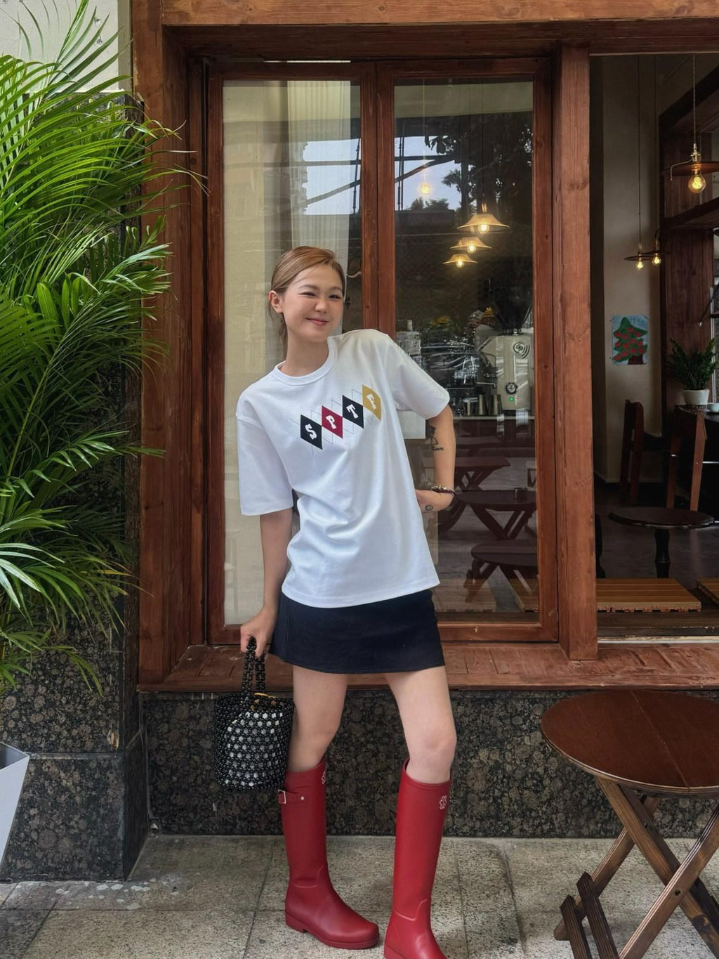 SUPERTOFU Cotton Flocked Loose Fit Vintage Argyle Unisex Short Sleeve T-Shirts