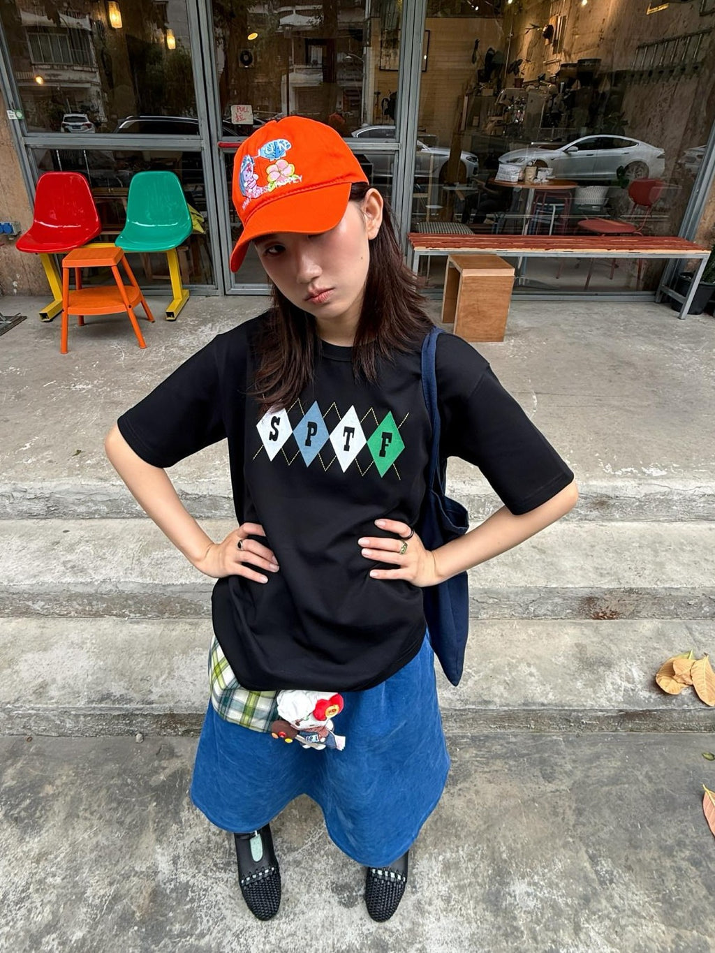 SUPERTOFU Cotton Flocked Loose Fit Vintage Argyle Unisex Short Sleeve T-Shirts