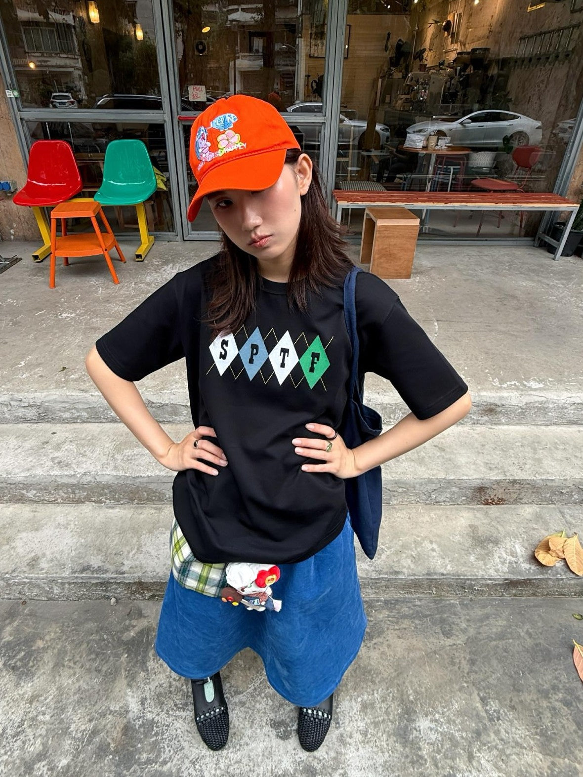 SUPERTOFU Cotton Flocked Loose Fit Vintage Argyle Unisex Short Sleeve T-Shirts