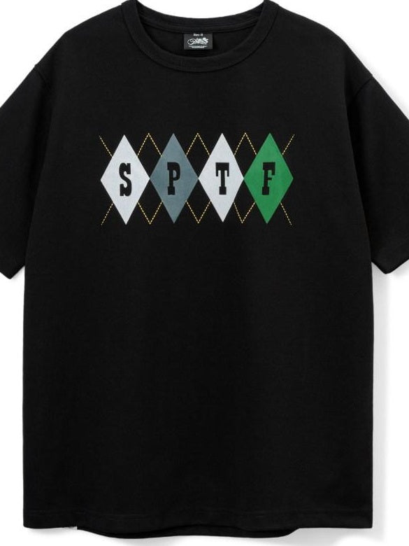 SUPERTOFU Cotton Flocked Loose Fit Vintage Argyle Unisex Short Sleeve T-Shirts
