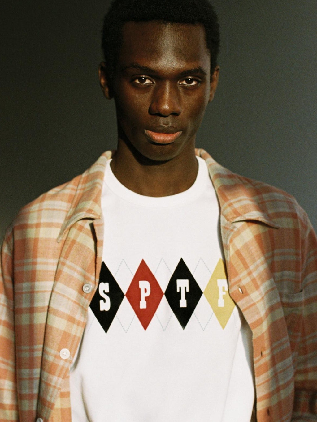 SUPERTOFU Cotton Flocked Loose Fit Vintage Argyle Unisex Short Sleeve T-Shirts