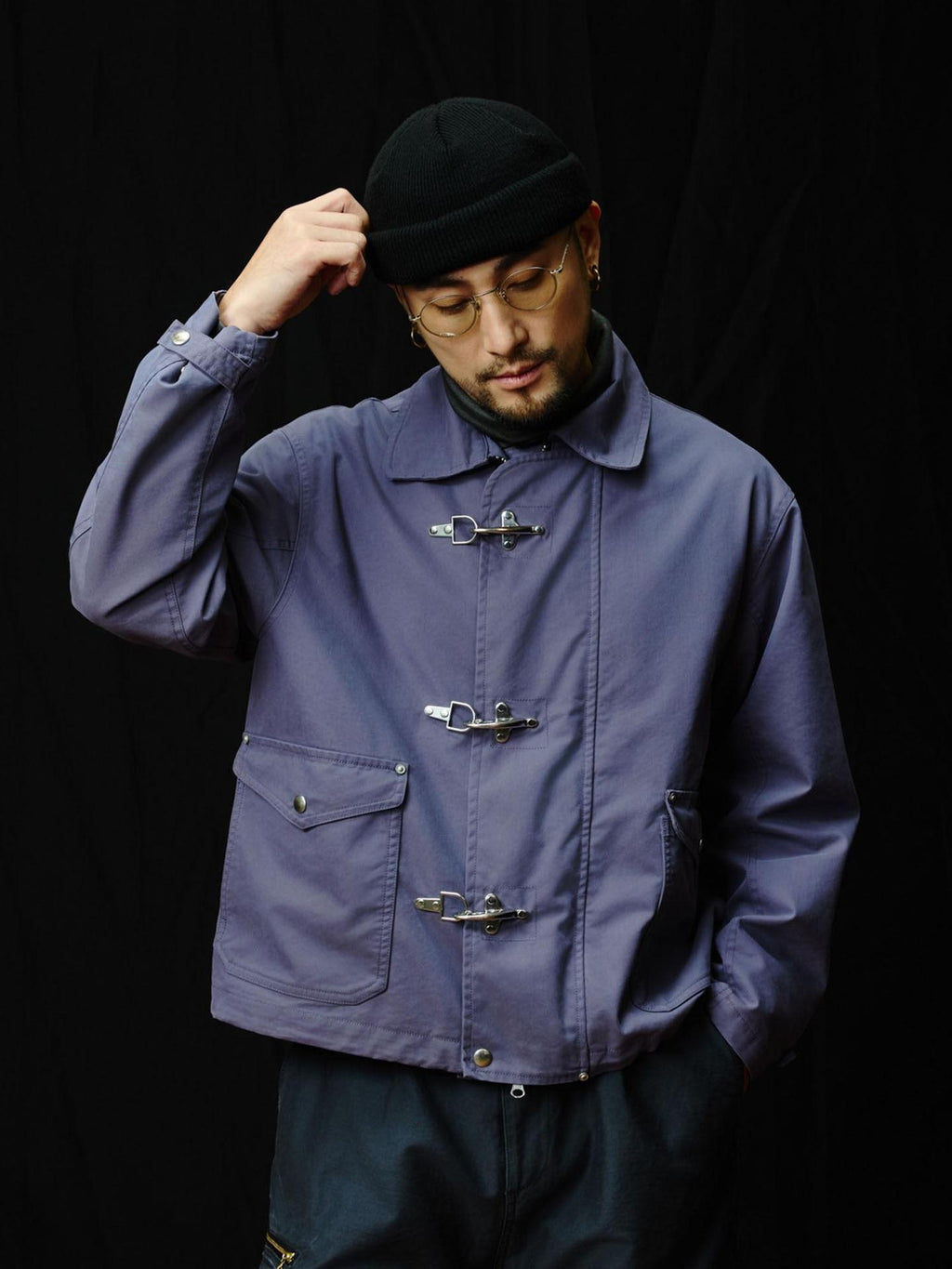 SUPERTOFU Cotton Nylon Blend Retro Turn Collar Long Sleeve Unisex Blue Utility Jackets