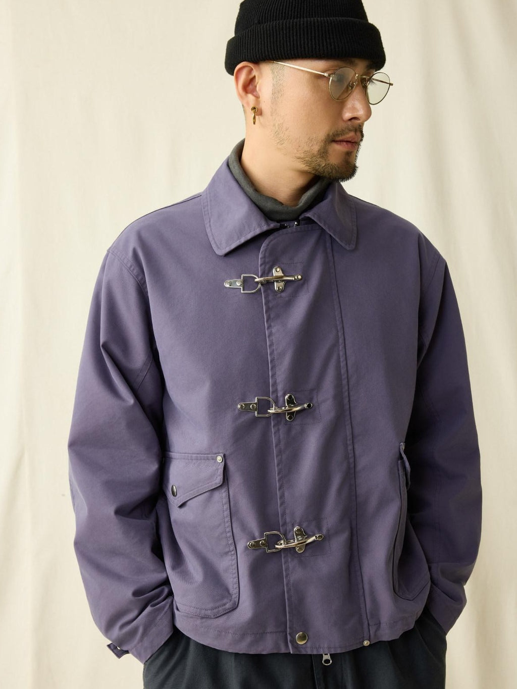 SUPERTOFU Cotton Nylon Blend Retro Turn Collar Long Sleeve Unisex Blue Utility Jackets