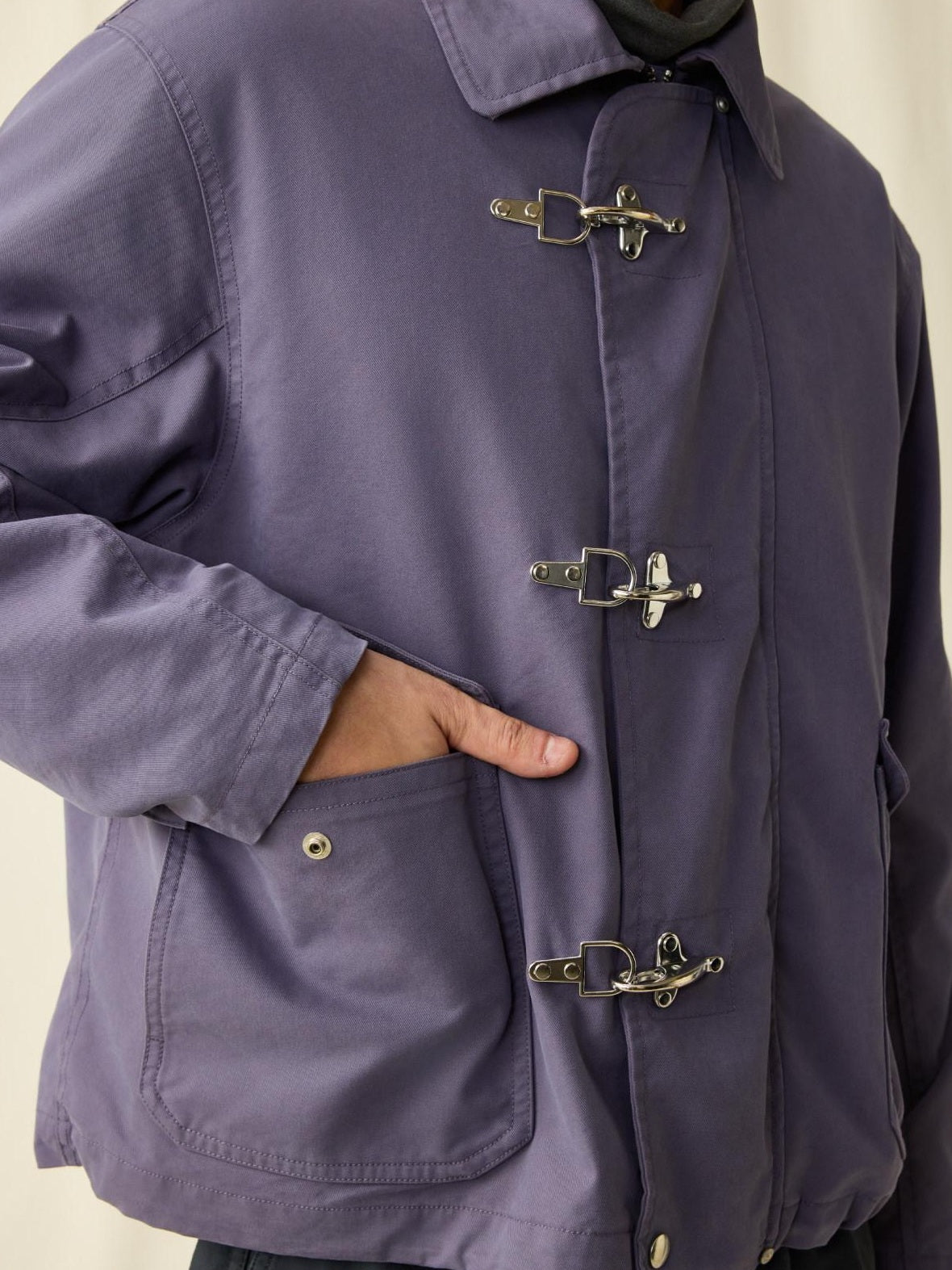 SUPERTOFU Cotton Nylon Blend Retro Turn Collar Long Sleeve Unisex Blue Utility Jackets