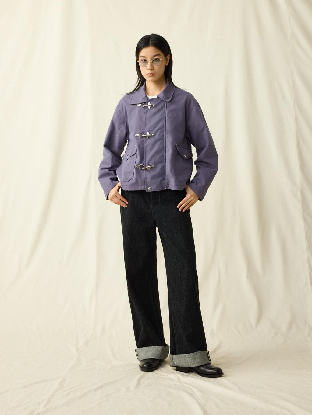 SUPERTOFU Cotton Nylon Blend Retro Turn Collar Long Sleeve Unisex Blue Utility Jackets
