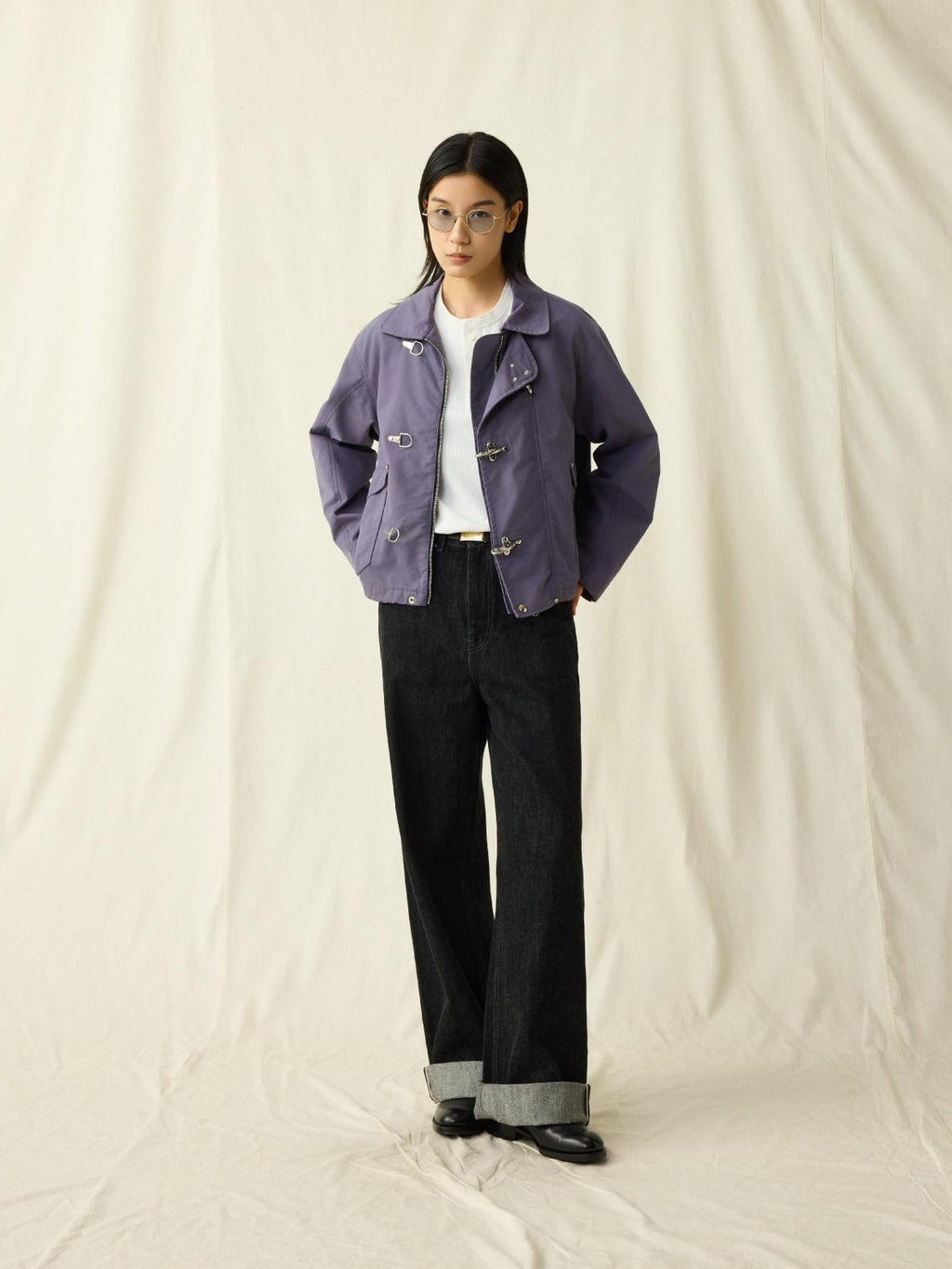 SUPERTOFU Cotton Nylon Blend Retro Turn Collar Long Sleeve Unisex Blue Utility Jackets
