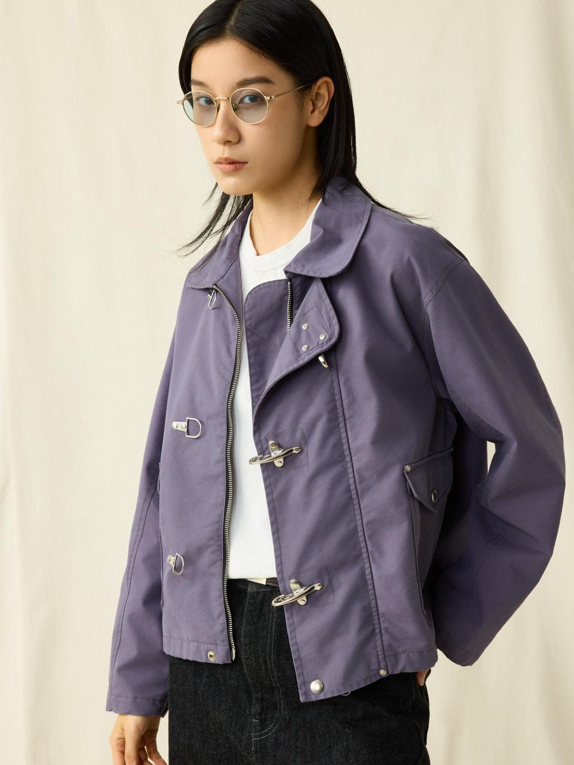 SUPERTOFU Cotton Nylon Blend Retro Turn Collar Long Sleeve Unisex Blue Utility Jackets