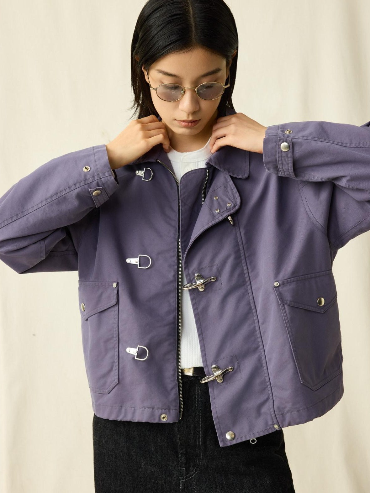 SUPERTOFU Cotton Nylon Blend Retro Turn Collar Long Sleeve Unisex Blue Utility Jackets