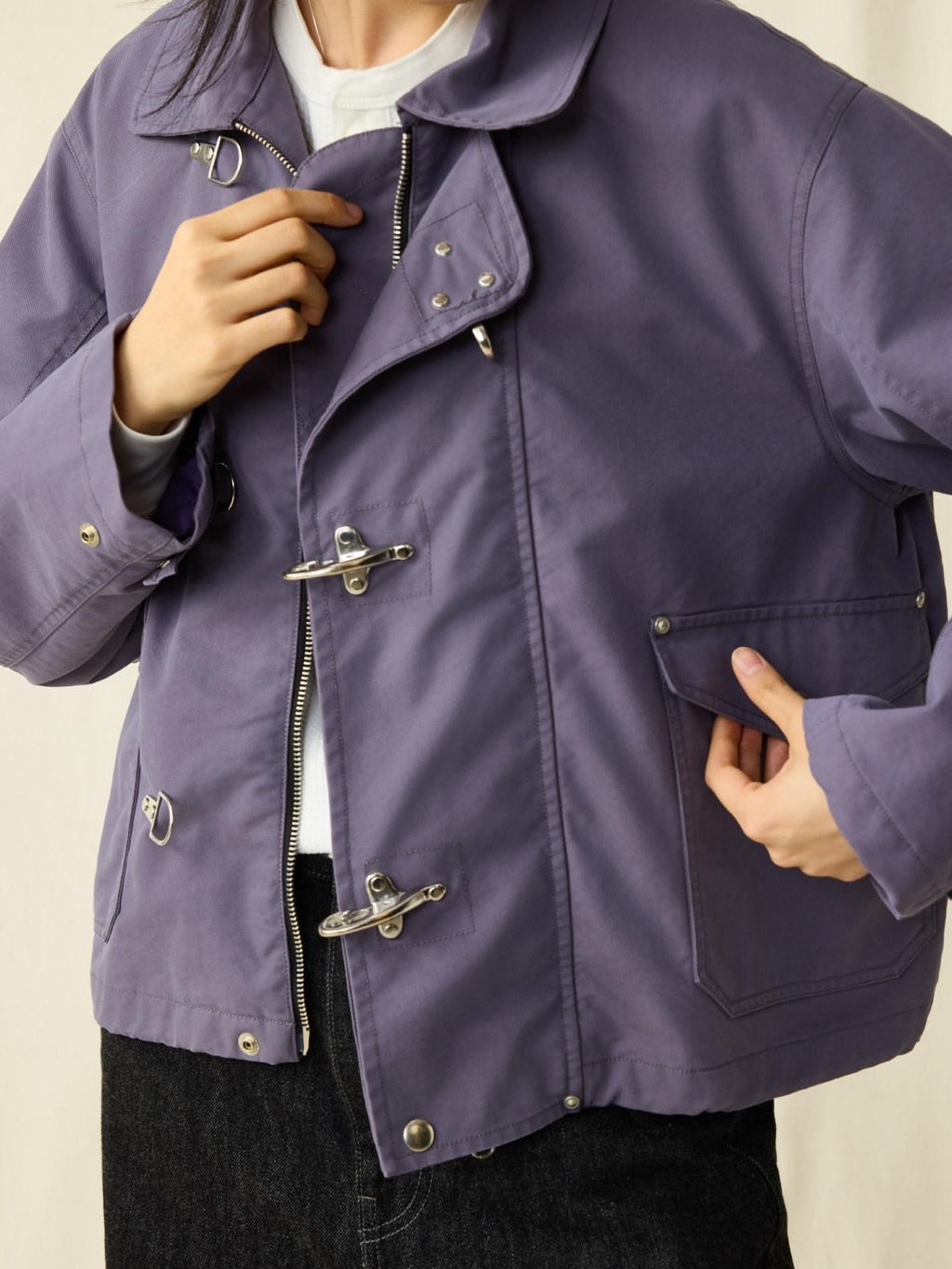 SUPERTOFU Cotton Nylon Blend Retro Turn Collar Long Sleeve Unisex Blue Utility Jackets