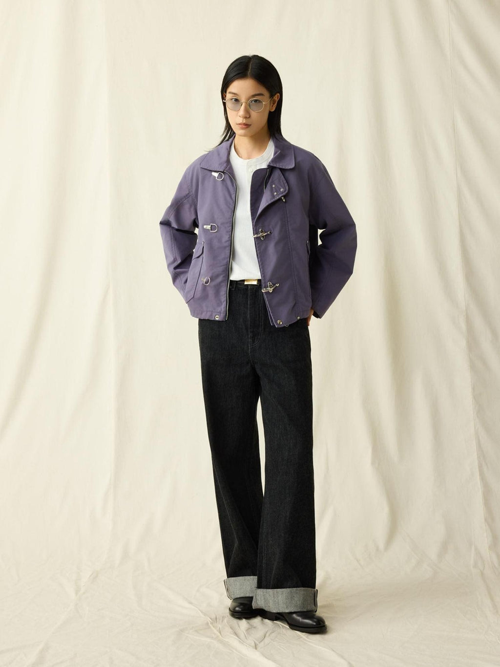 SUPERTOFU Cotton Nylon Blend Retro Turn Collar Long Sleeve Unisex Blue Utility Jackets