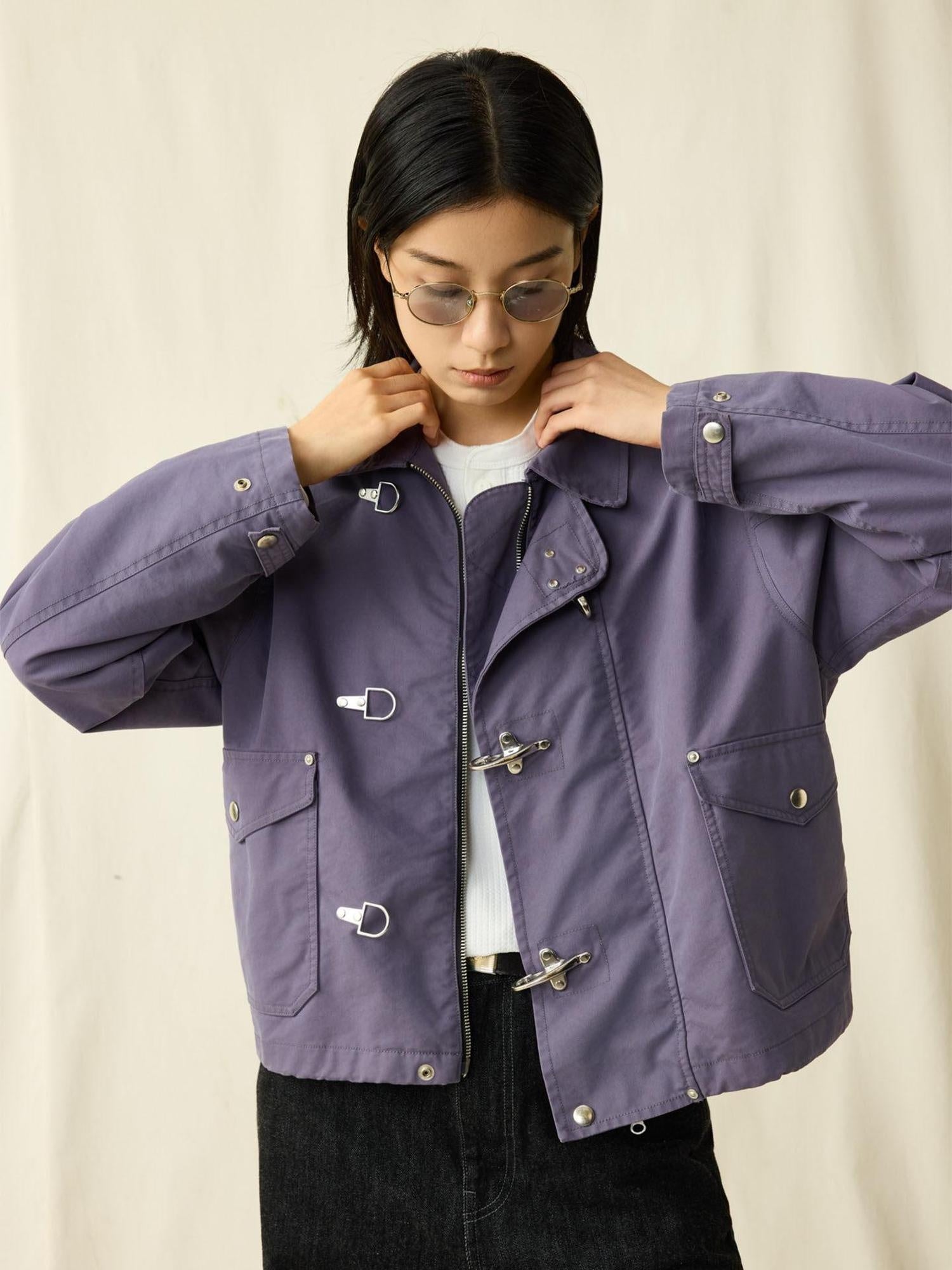 SUPERTOFU Cotton Nylon Blend Retro Turn Collar Long Sleeve Unisex Blue Utility Jackets
