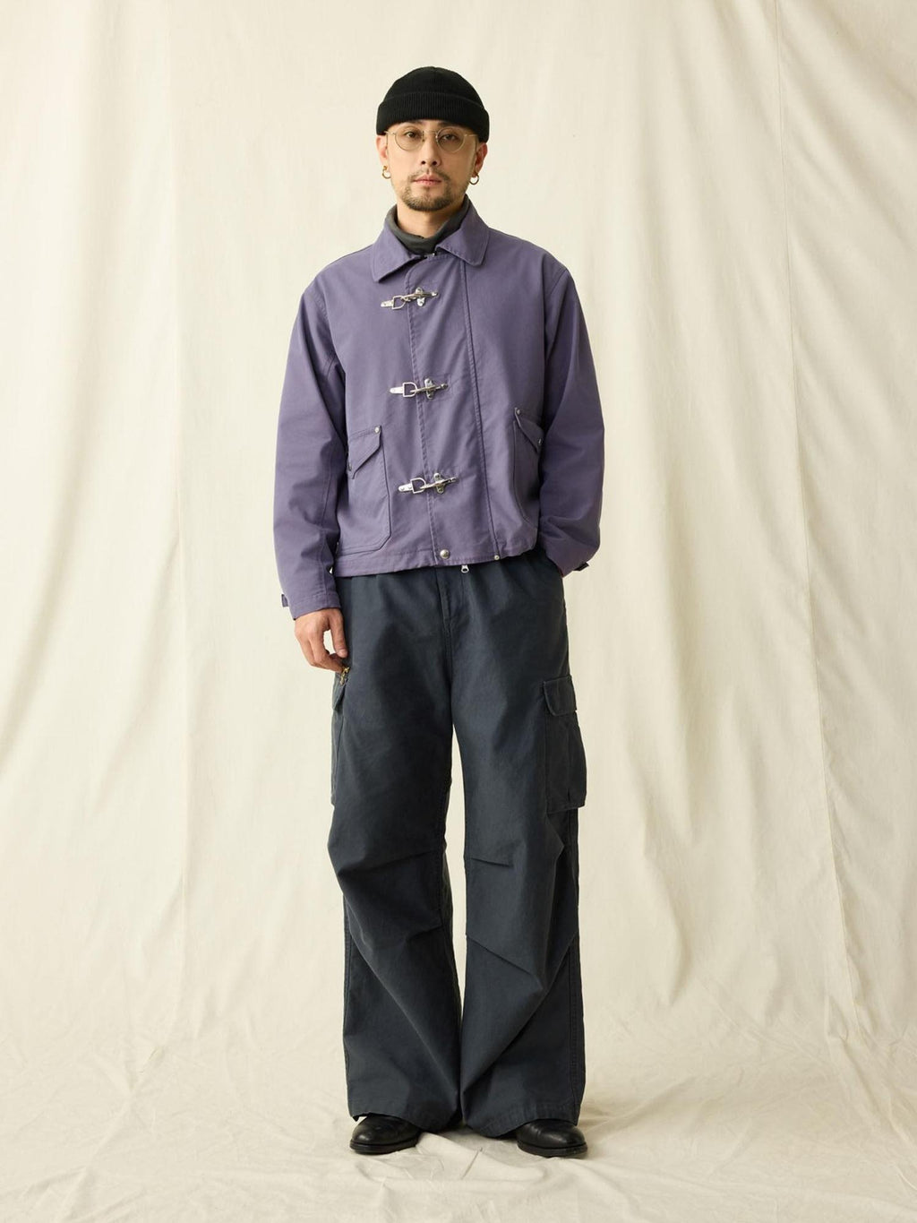 SUPERTOFU Cotton Nylon Blend Retro Turn Collar Long Sleeve Unisex Blue Utility Jackets