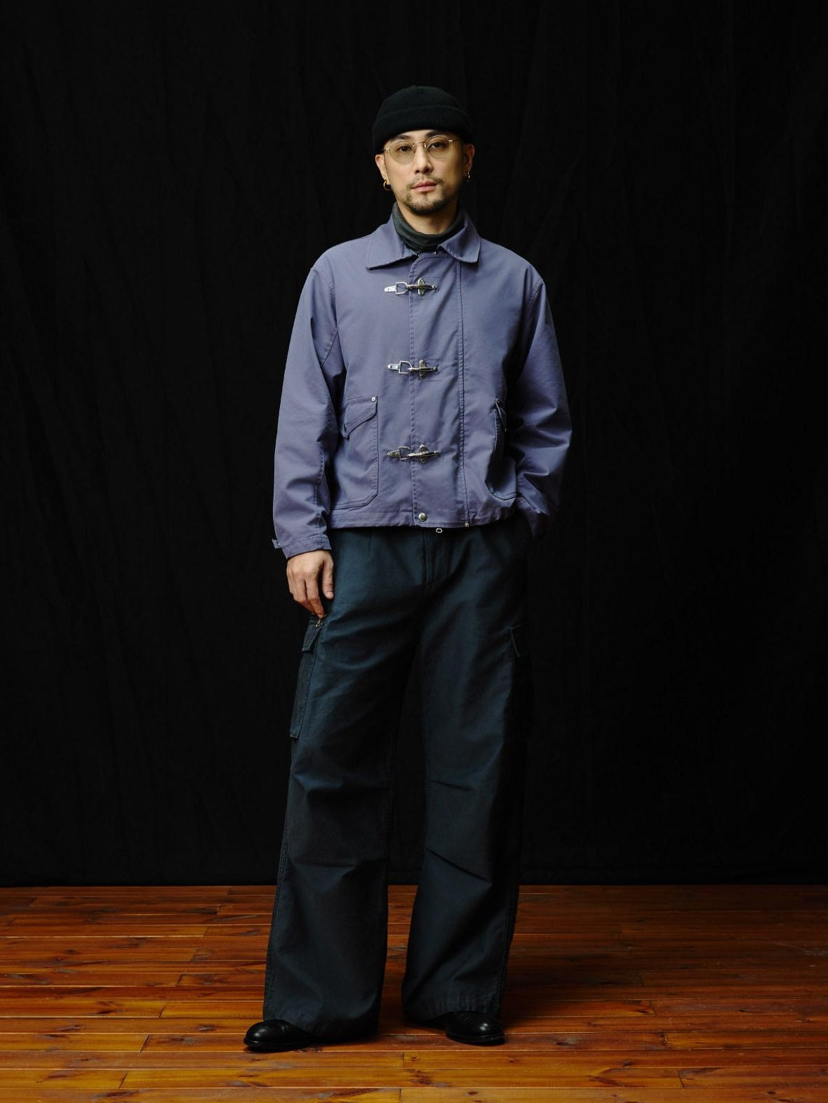 SUPERTOFU Cotton Nylon Blend Retro Turn Collar Long Sleeve Unisex Blue Utility Jackets
