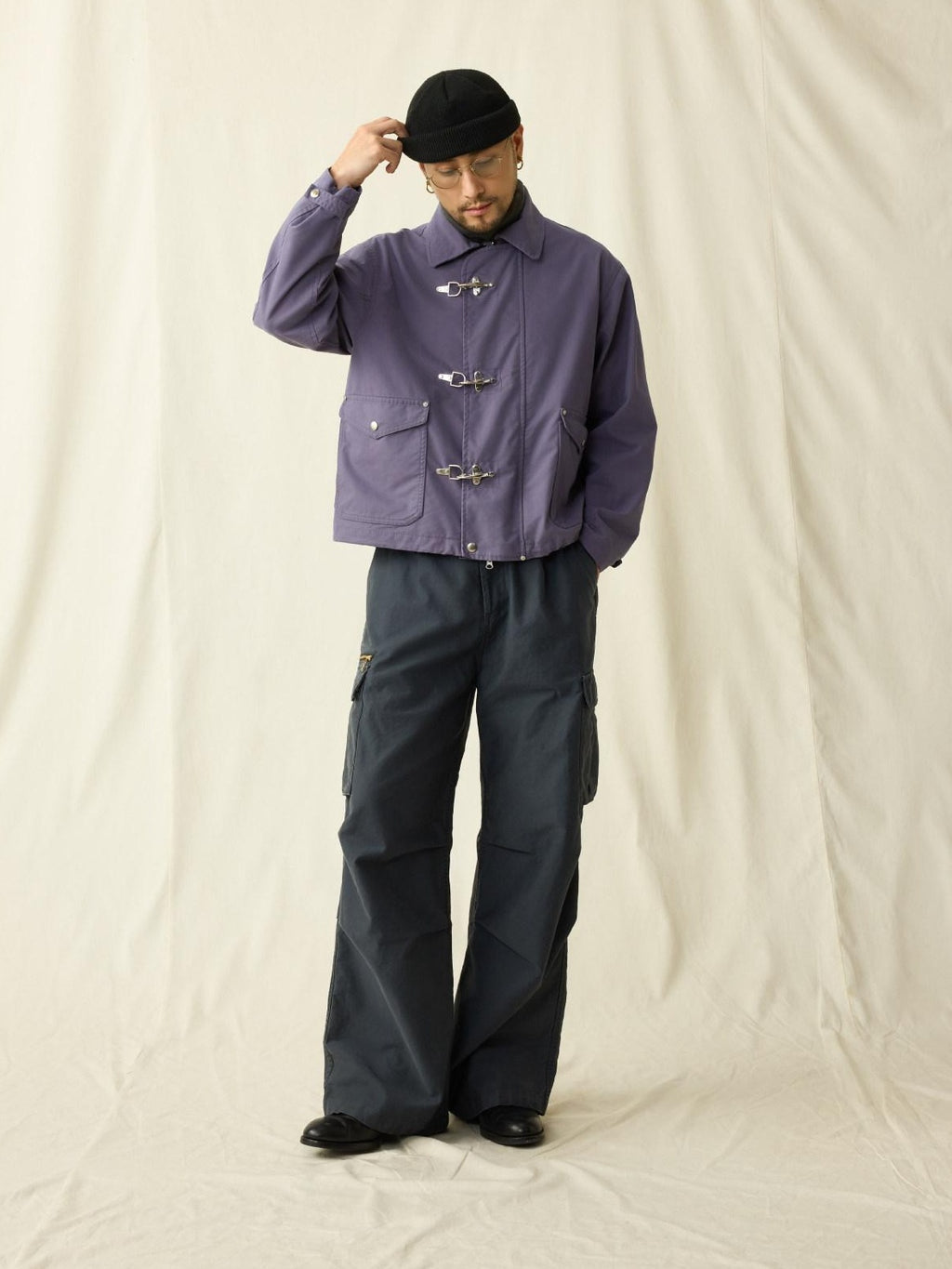 SUPERTOFU Cotton Nylon Blend Retro Turn Collar Long Sleeve Unisex Blue Utility Jackets