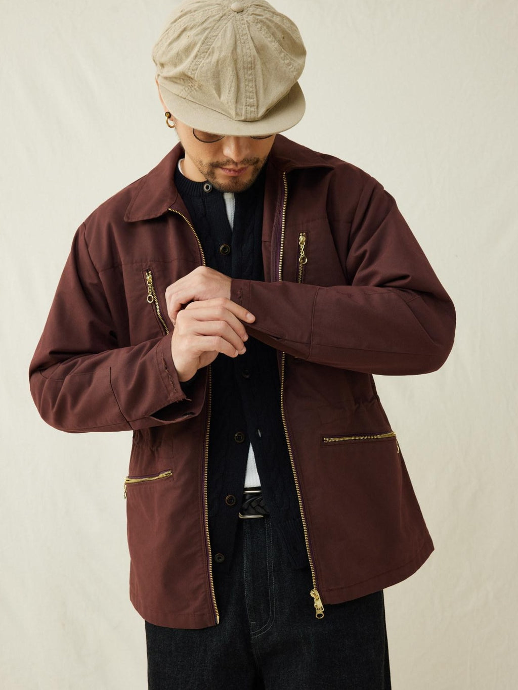 SUPERTOFU Cotton Nylon Cinched Waist Vintage Midlength Zip Pockets Unisex Utility Jackets