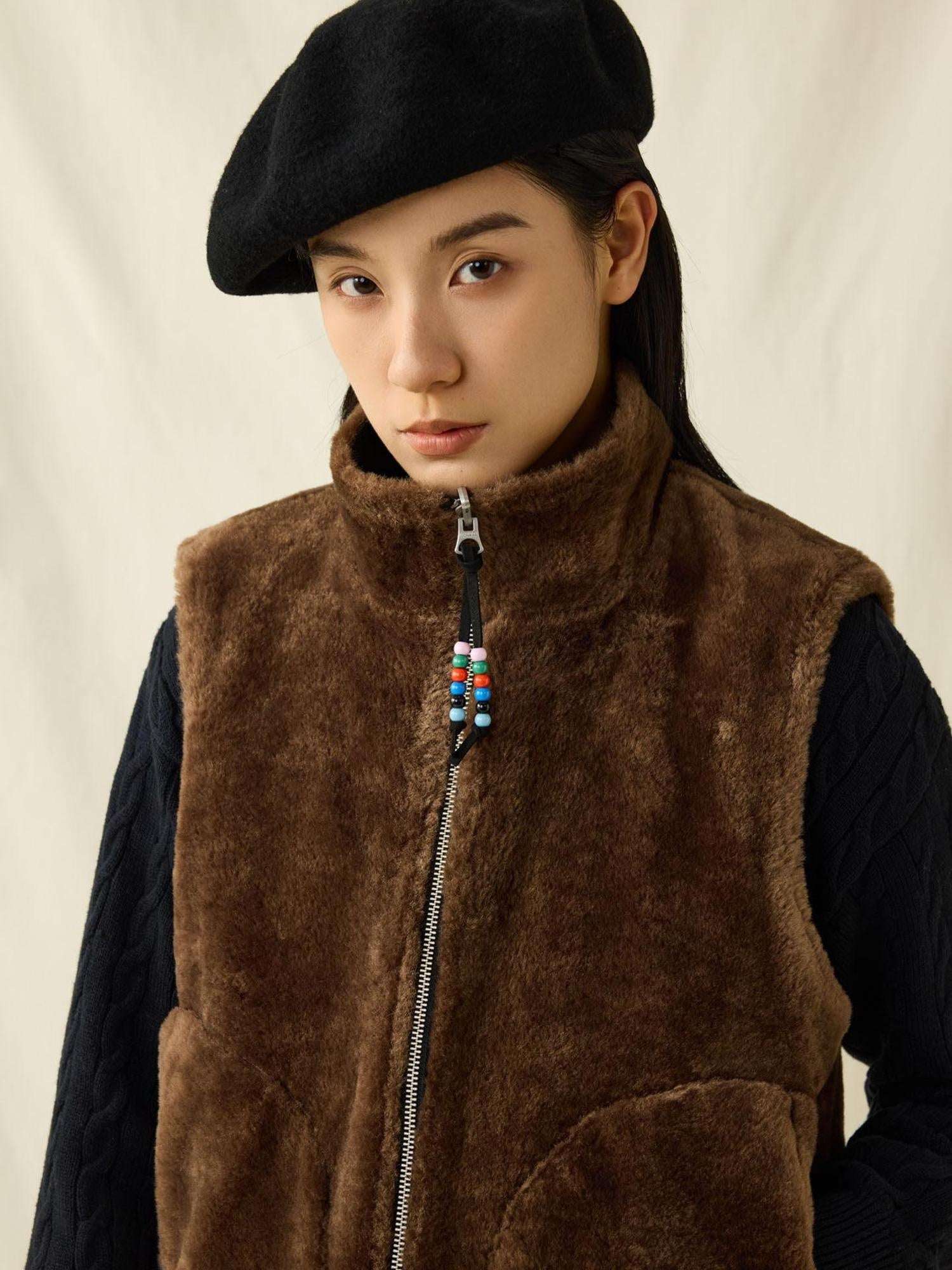 SUPERTOFU Cozy Cotton Warmth Loose Fit Stand Collar Zip Front Youth Casual Brown Vests