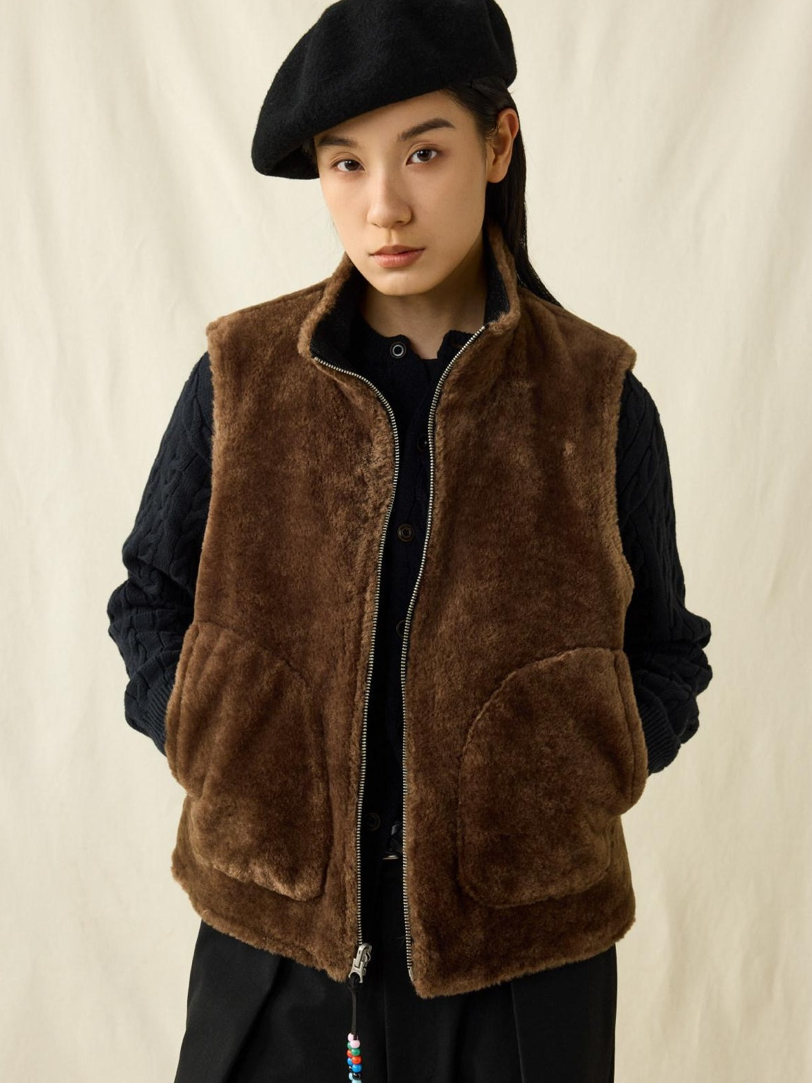 SUPERTOFU Cozy Cotton Warmth Loose Fit Stand Collar Zip Front Youth Casual Brown Vests