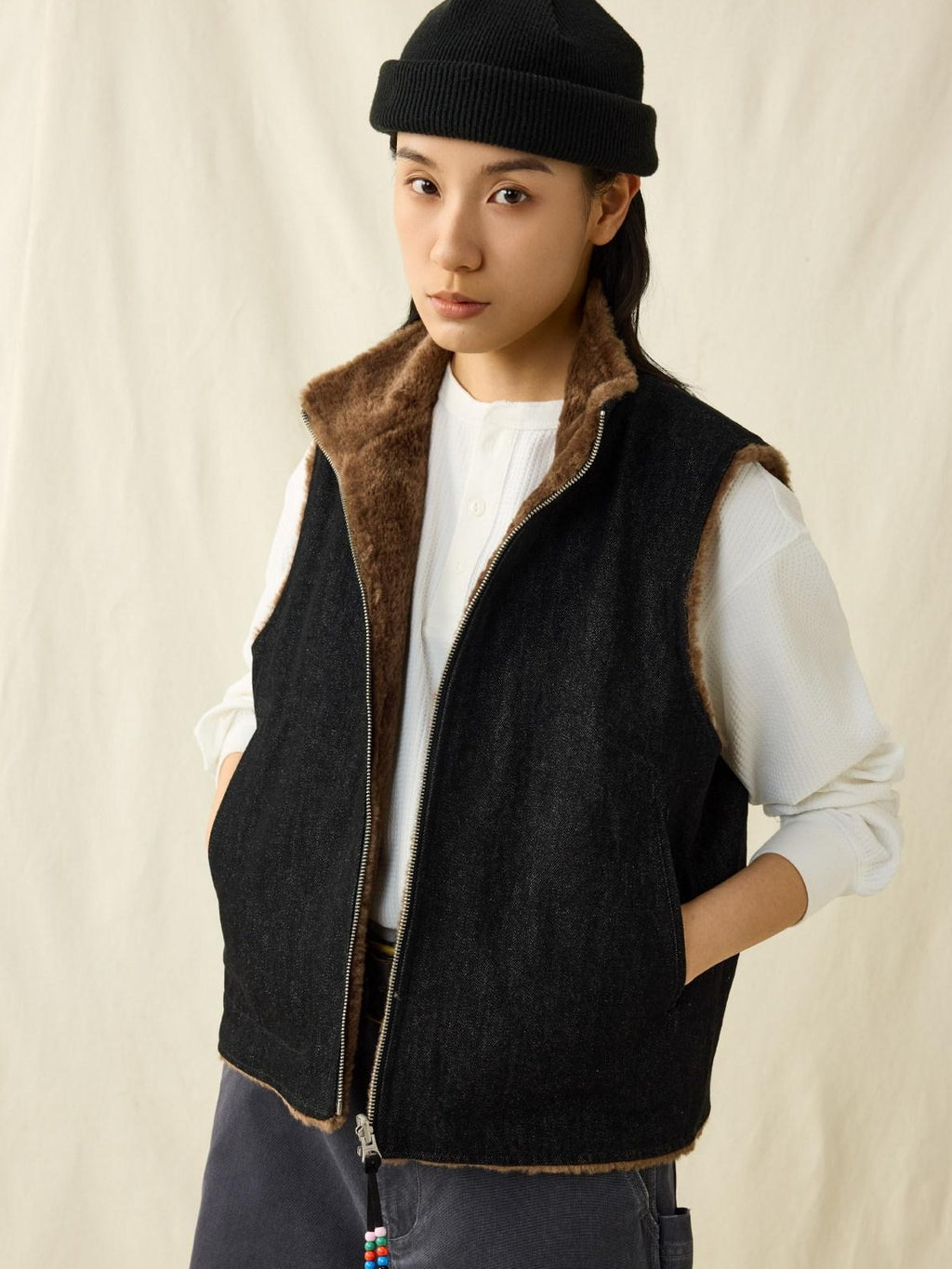 SUPERTOFU Cozy Cotton Warmth Loose Fit Stand Collar Zip Front Youth Casual Brown Vests
