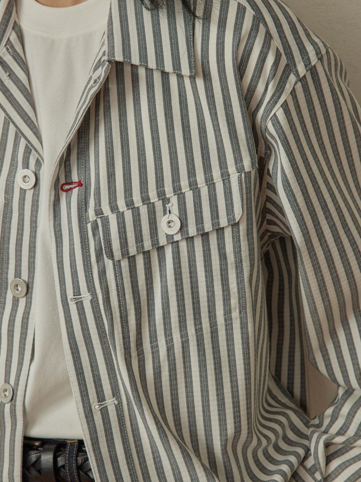 SUPERTOFU Cropped Exposed Stitch Vintage Long Sleeve Unisex Striped Polyester Shirts