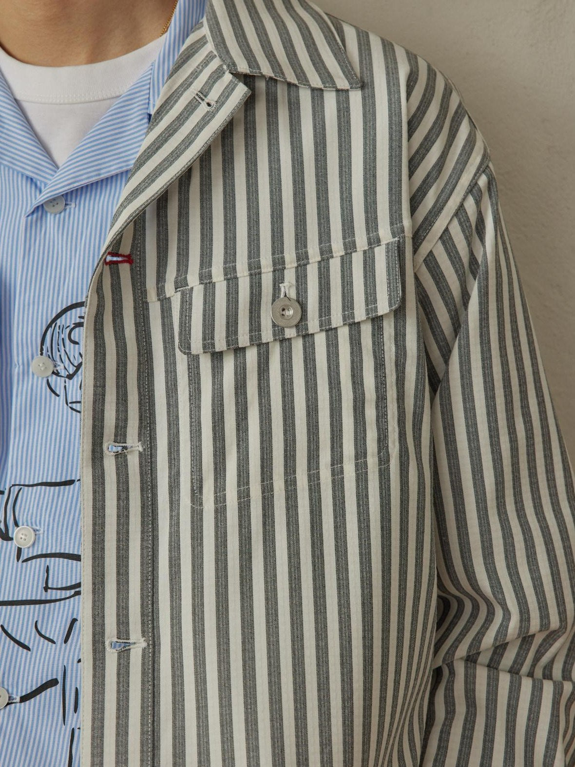 SUPERTOFU Cropped Exposed Stitch Vintage Long Sleeve Unisex Striped Polyester Shirts