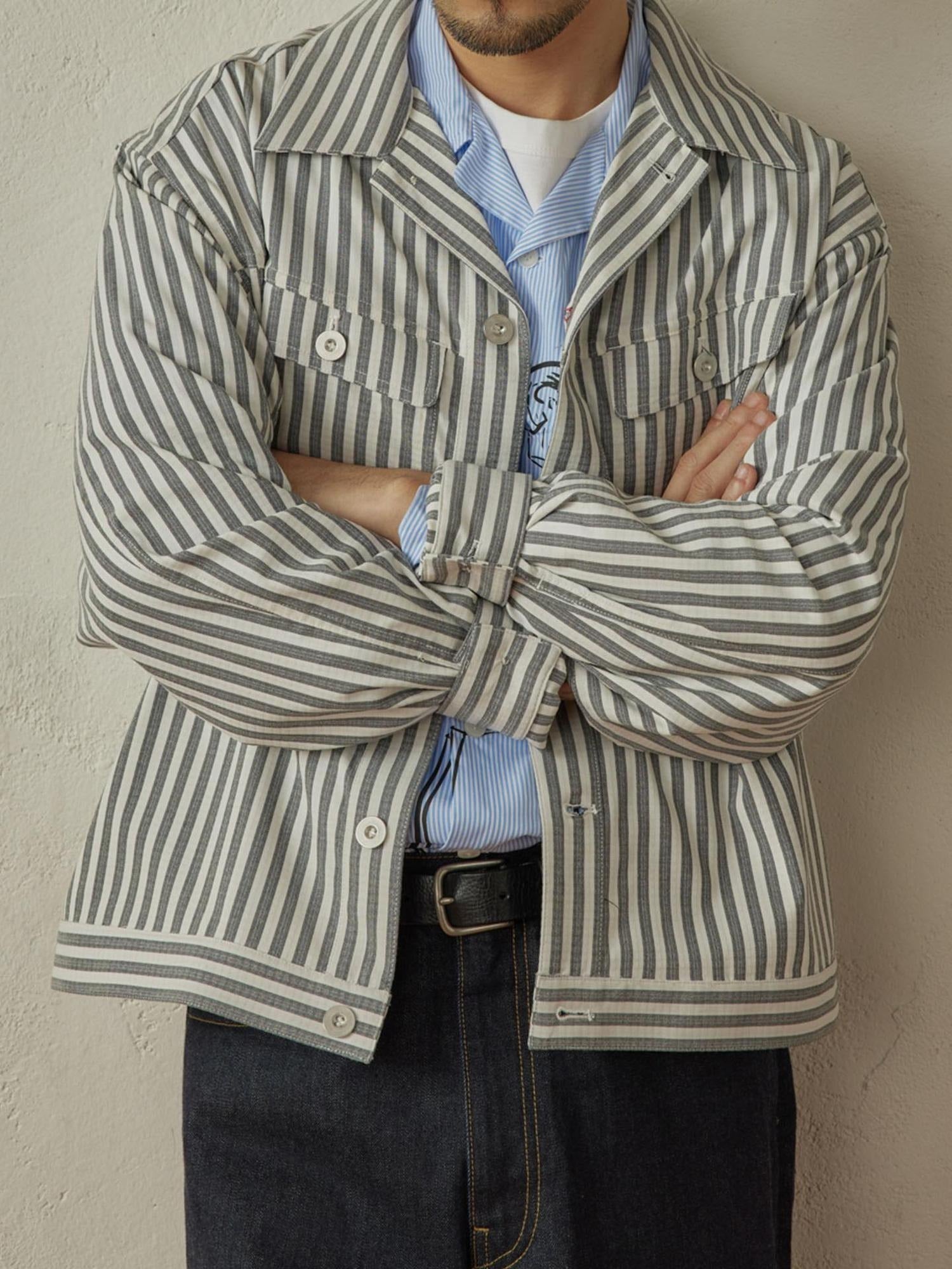 SUPERTOFU Cropped Exposed Stitch Vintage Long Sleeve Unisex Striped Polyester Shirts