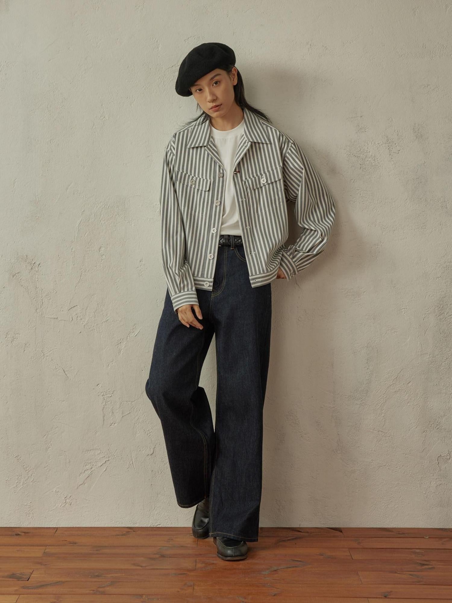SUPERTOFU Cropped Exposed Stitch Vintage Long Sleeve Unisex Striped Polyester Shirts