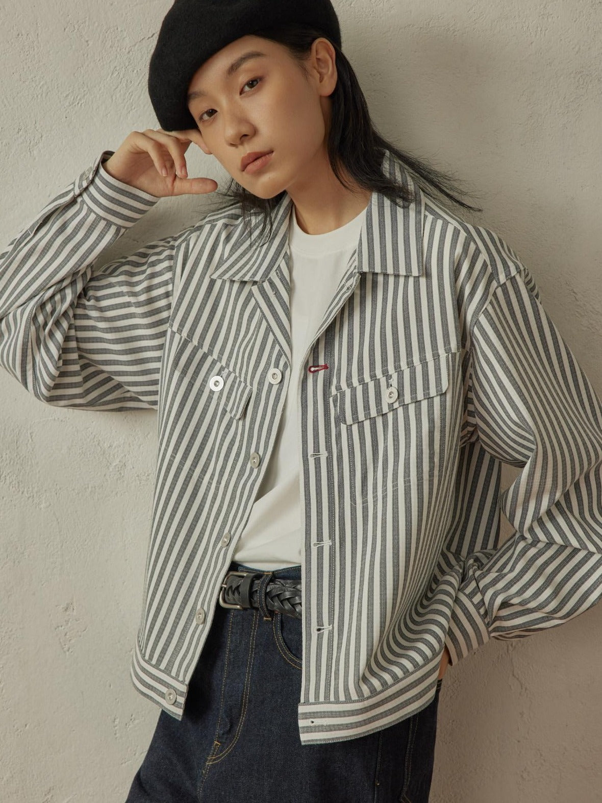 SUPERTOFU Cropped Exposed Stitch Vintage Long Sleeve Unisex Striped Polyester Shirts
