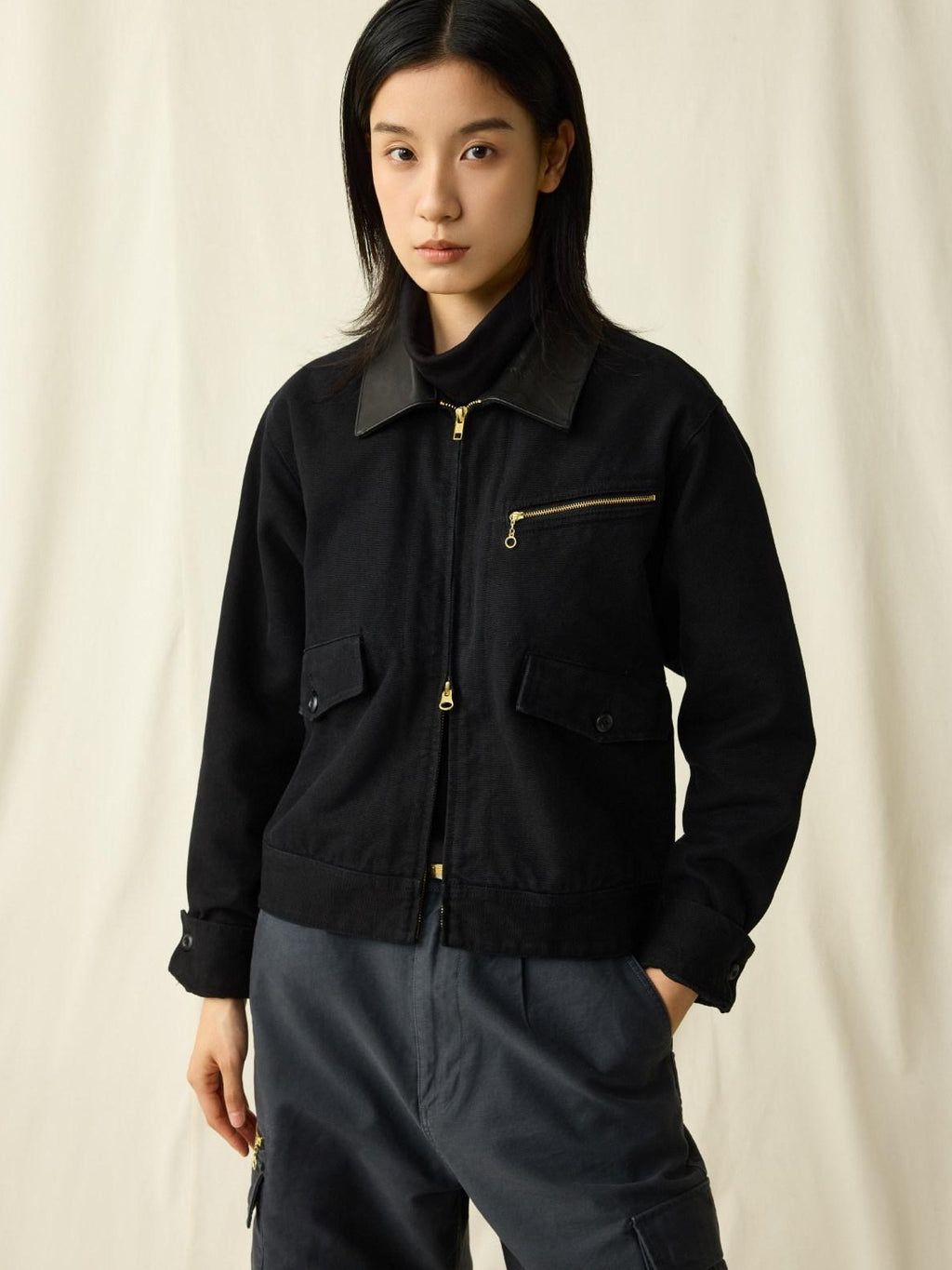 SUPERTOFU Distressed Genuine Leather Vintage Unisex Black Zip Utility Jackets