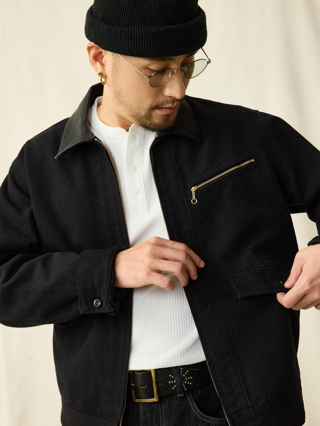 SUPERTOFU Distressed Genuine Leather Vintage Unisex Black Zip Utility Jackets