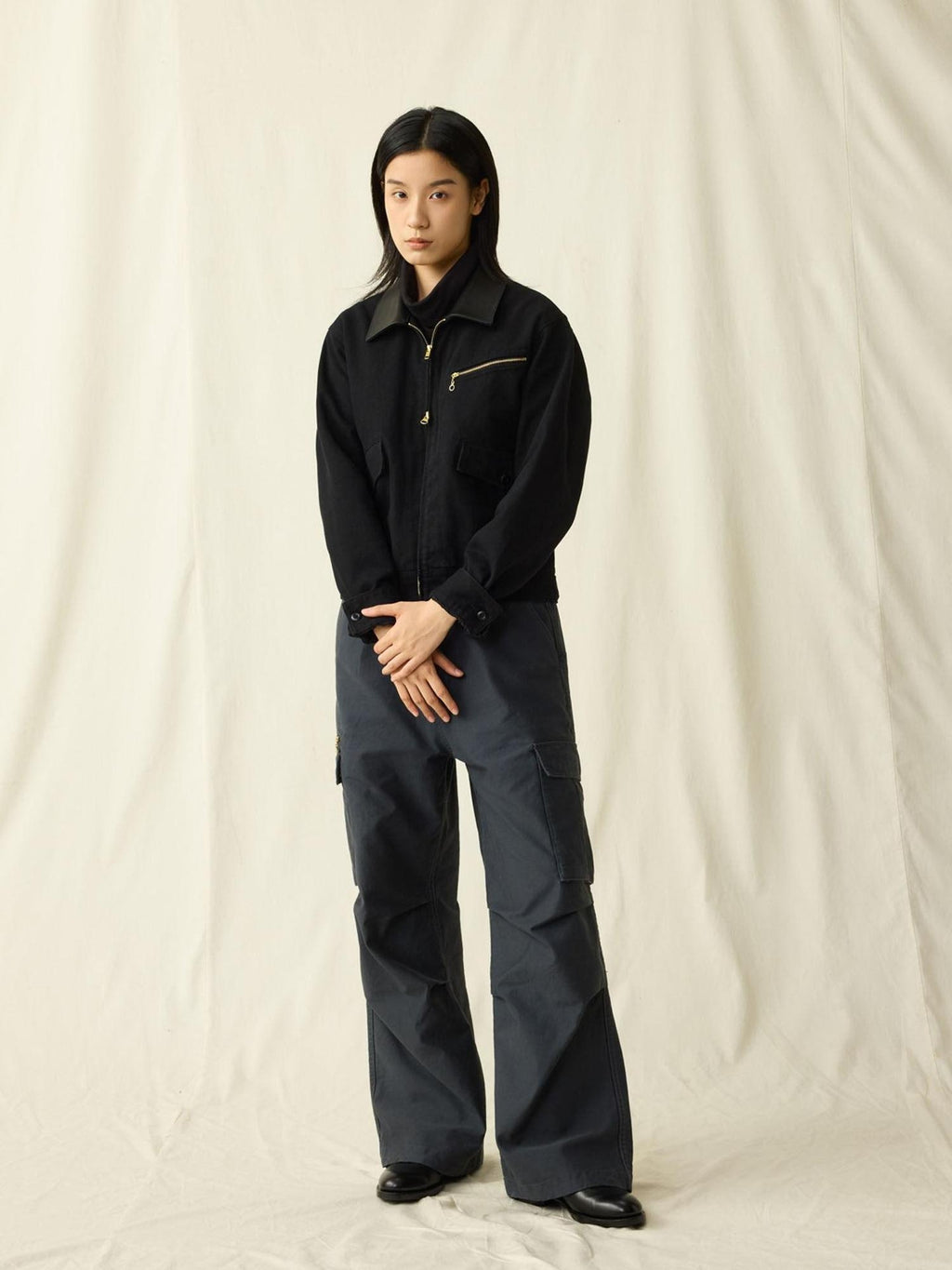 SUPERTOFU Distressed Genuine Leather Vintage Unisex Black Zip Utility Jackets