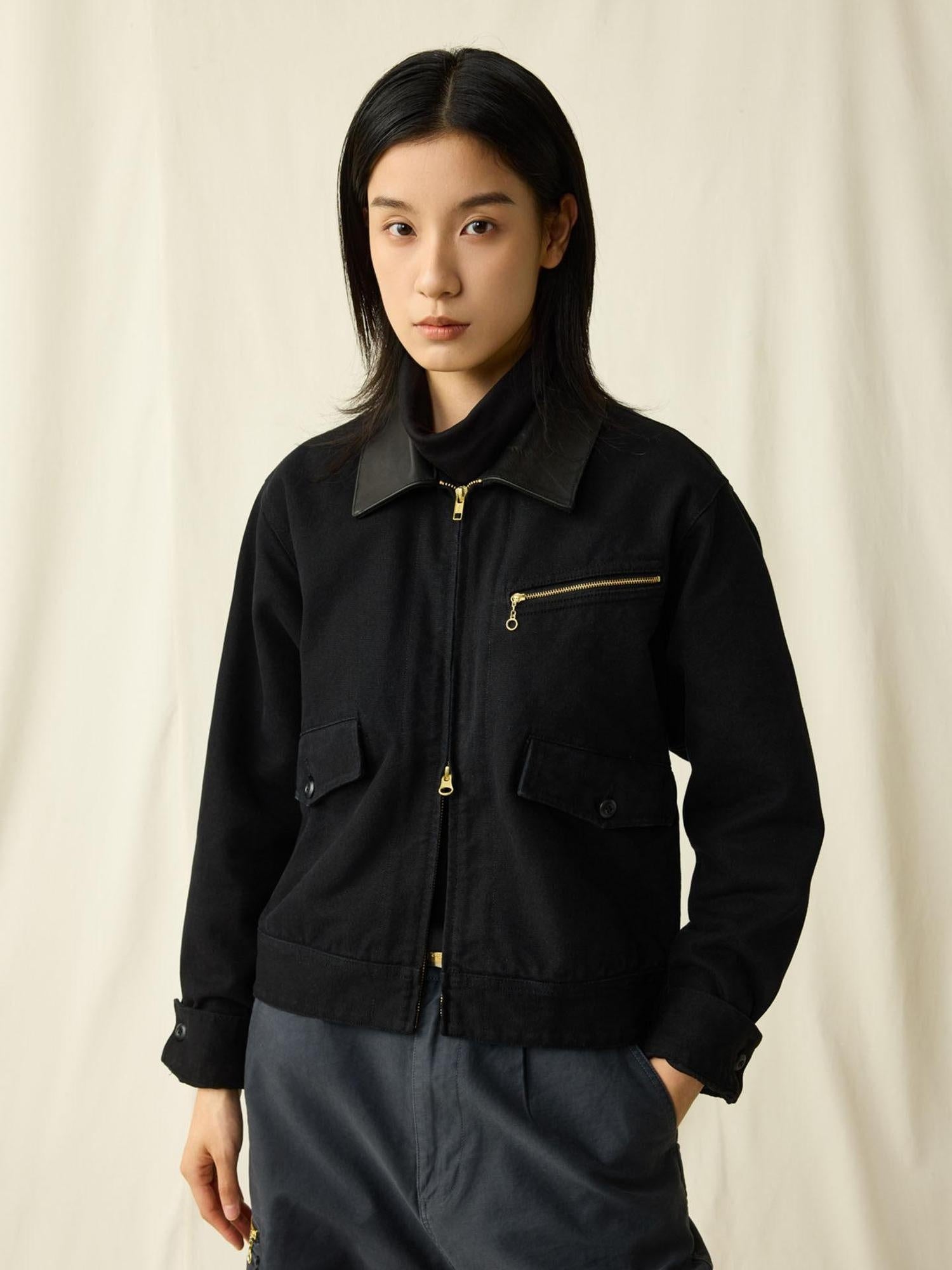 SUPERTOFU Distressed Genuine Leather Vintage Unisex Black Zip Utility Jackets