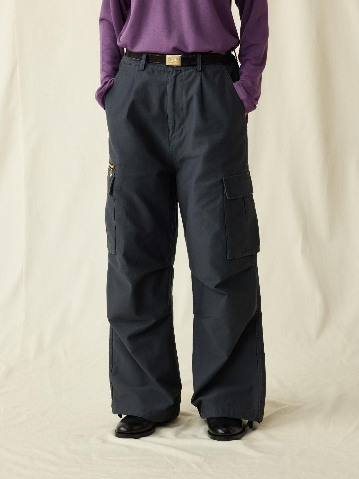 SUPERTOFU Distressed Loose Fit Cargo Workwear Unisex Gray Cotton Zipper Fly Straight Pants