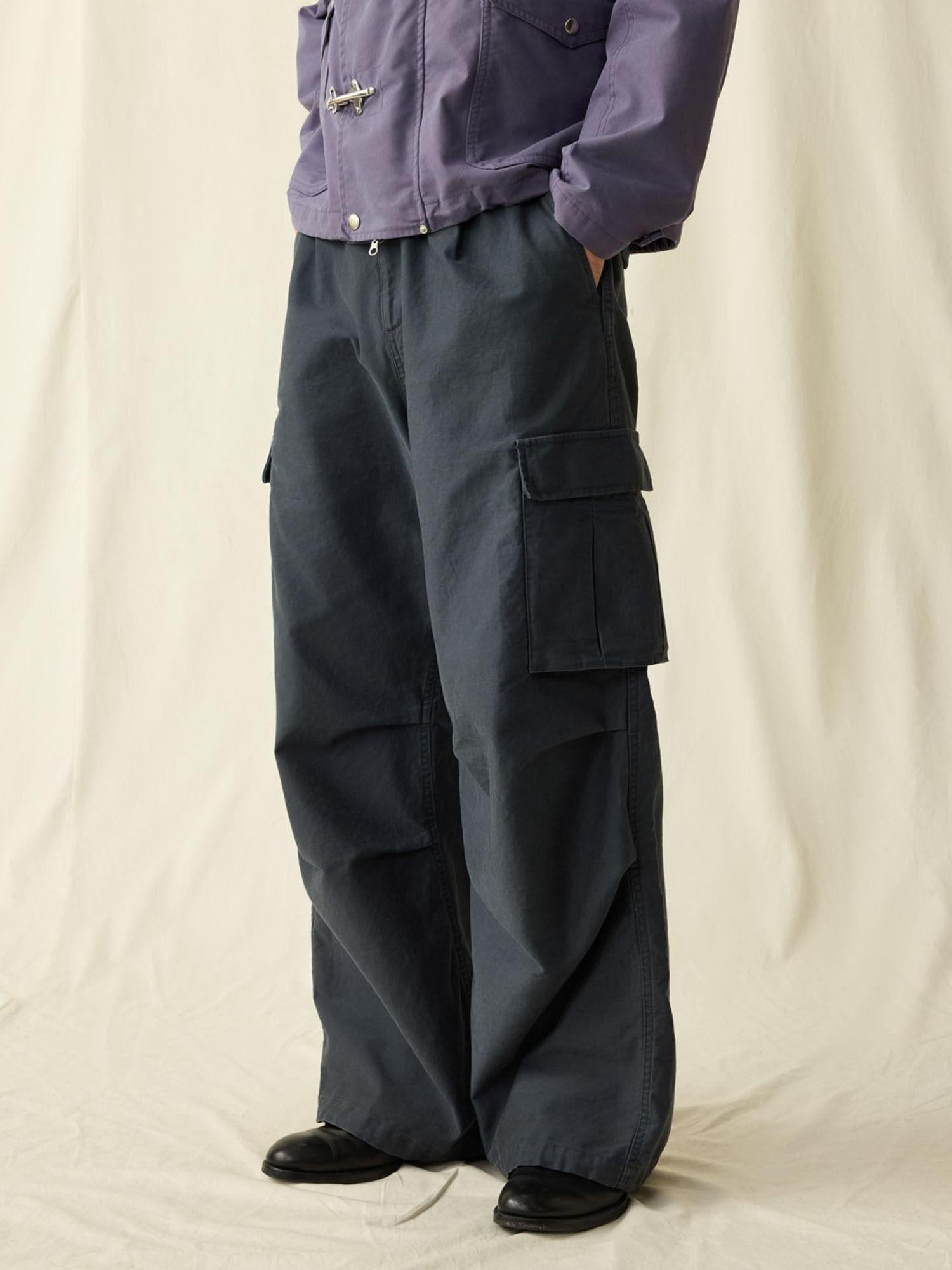 SUPERTOFU Distressed Loose Fit Cargo Workwear Unisex Gray Cotton Zipper Fly Straight Pants
