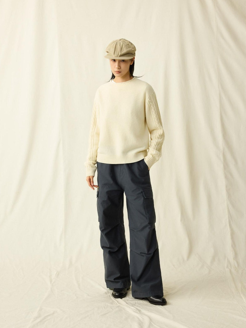 SUPERTOFU Distressed Loose Fit Cargo Workwear Unisex Gray Cotton Zipper Fly Straight Pants