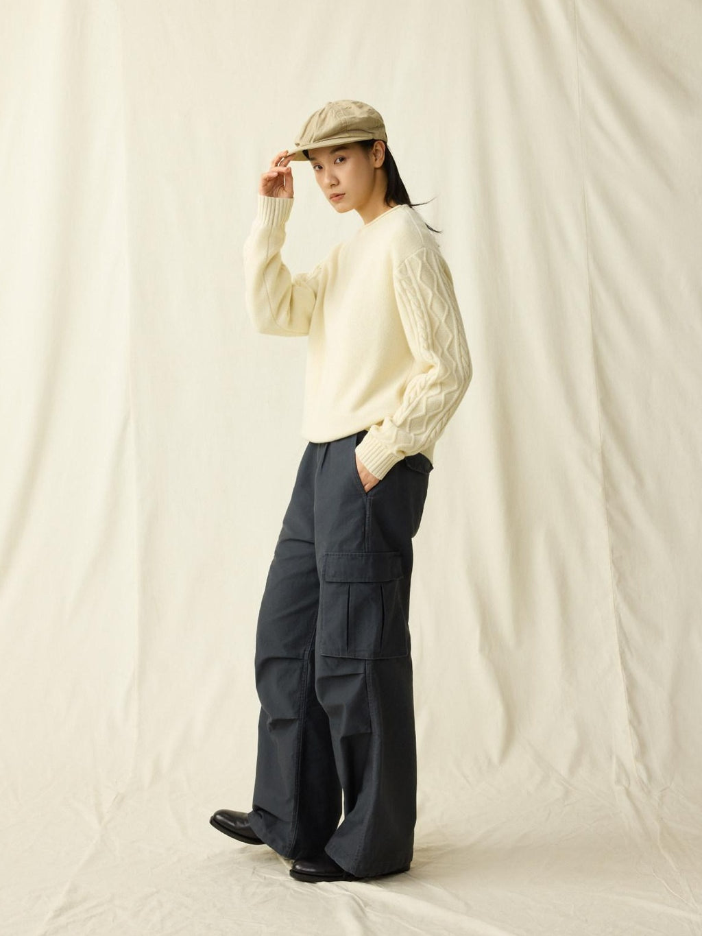 SUPERTOFU Distressed Loose Fit Cargo Workwear Unisex Gray Cotton Zipper Fly Straight Pants