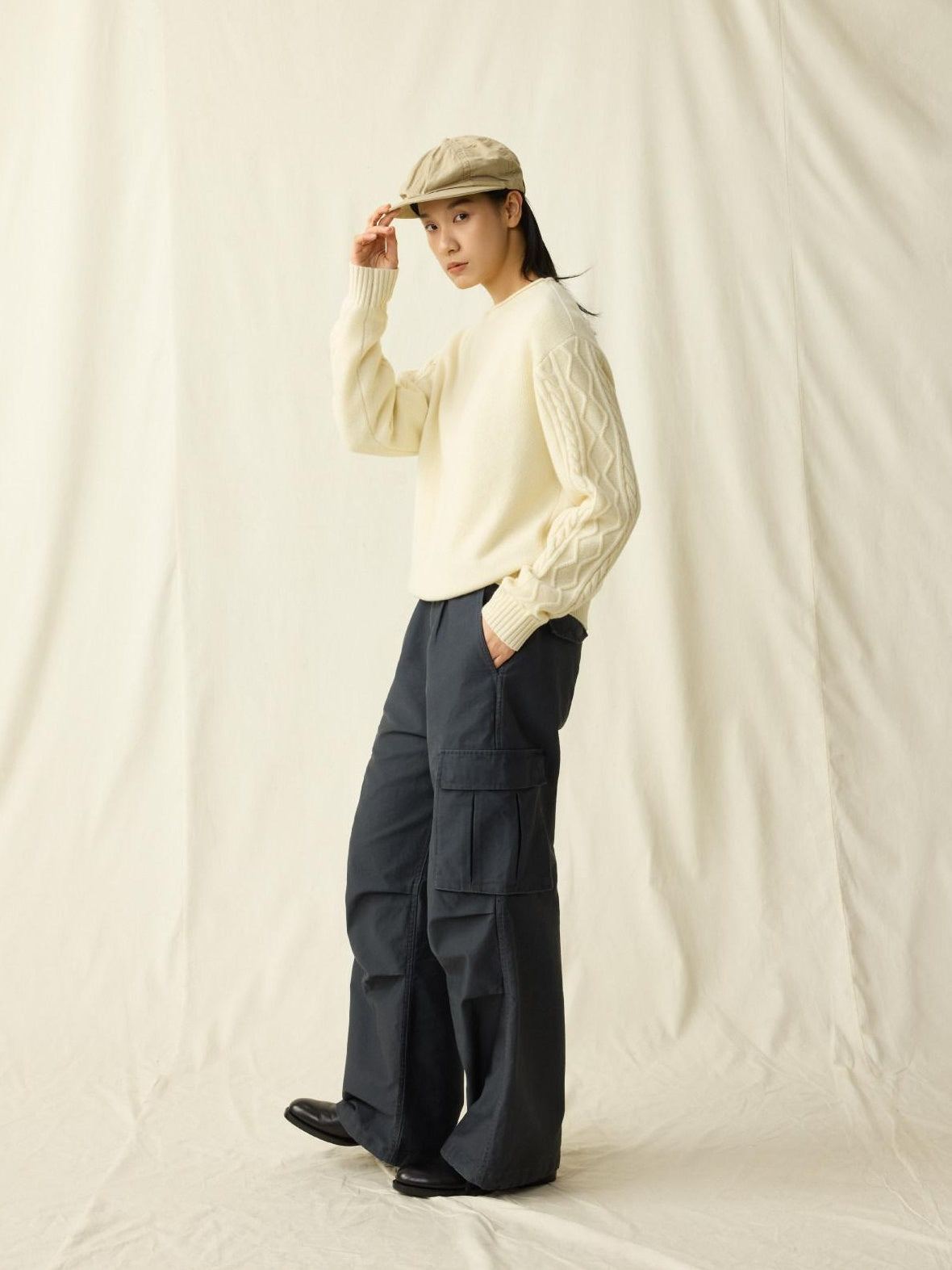 SUPERTOFU Distressed Loose Fit Cargo Workwear Unisex Gray Cotton Zipper Fly Straight Pants