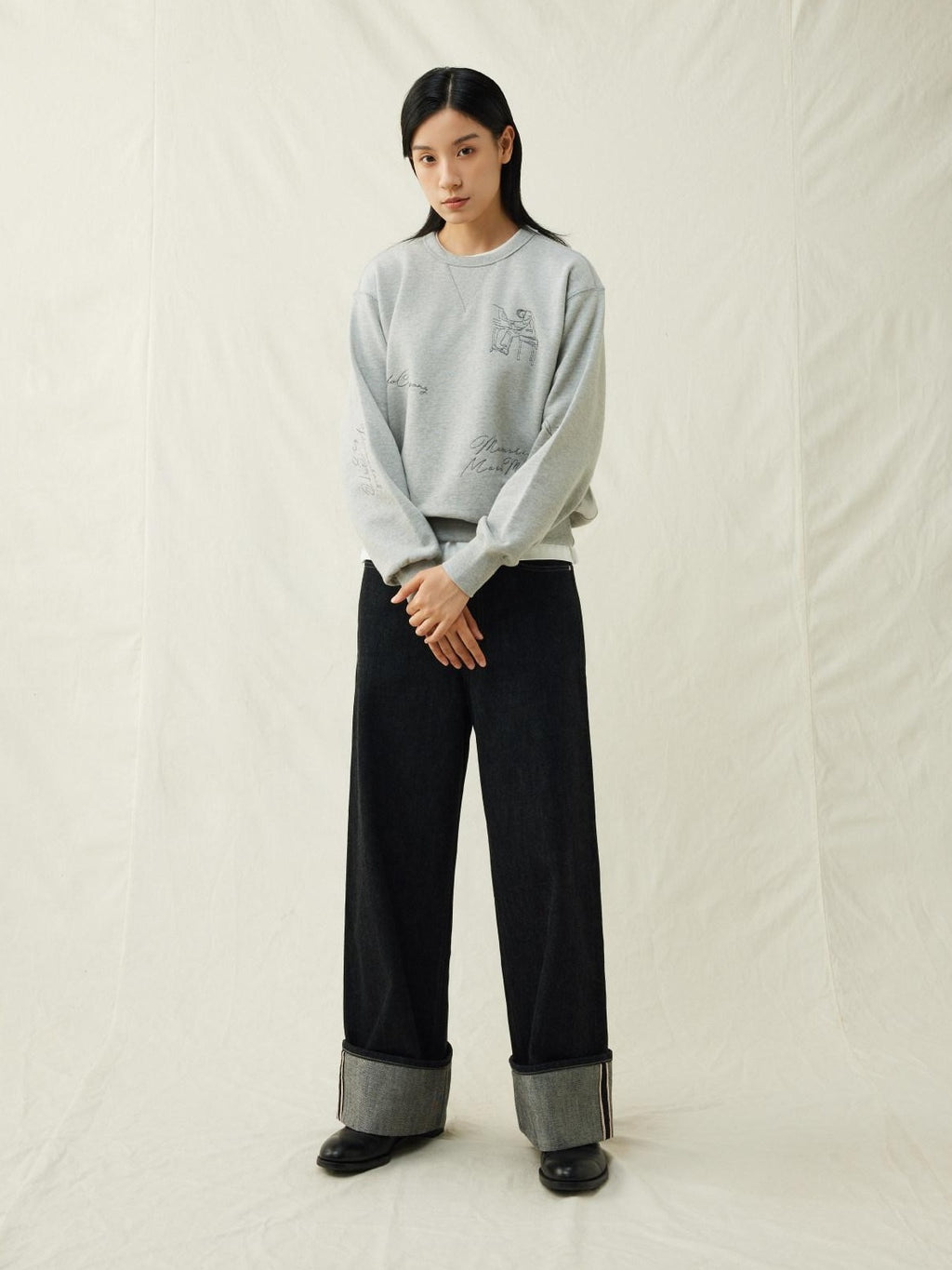 SUPERTOFU Embroidered 100 Percent Cotton Loose Fit Unisex Raglan Heather Gray Sweatshirts