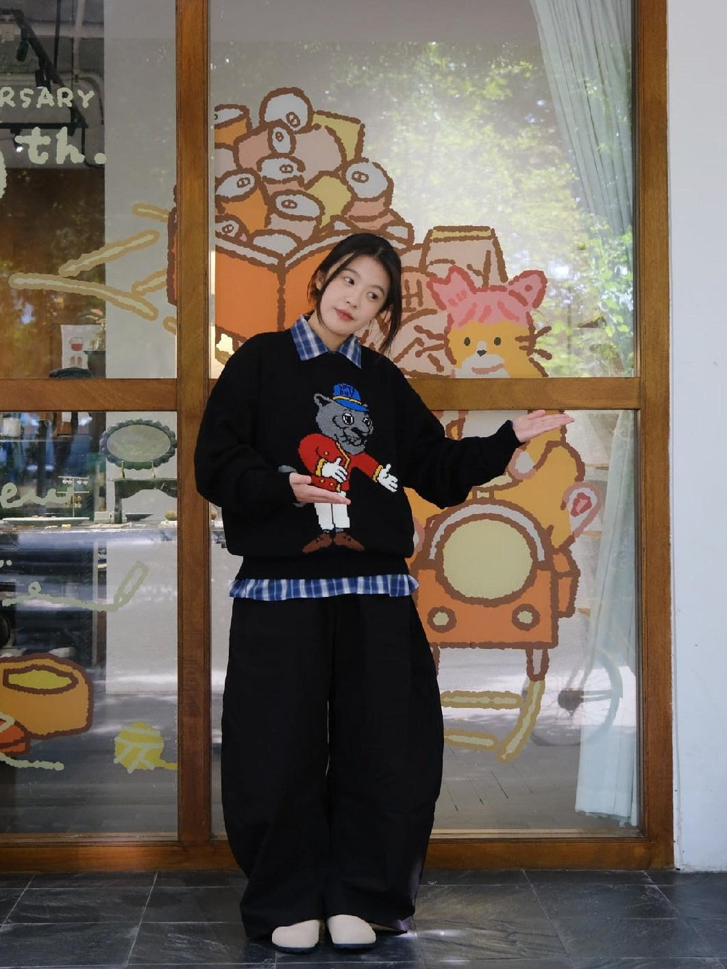 SUPERTOFU Embroidered Acrylic Cotton Blend Youth Crewneck Unisex Casual Warm Knit Sweaters