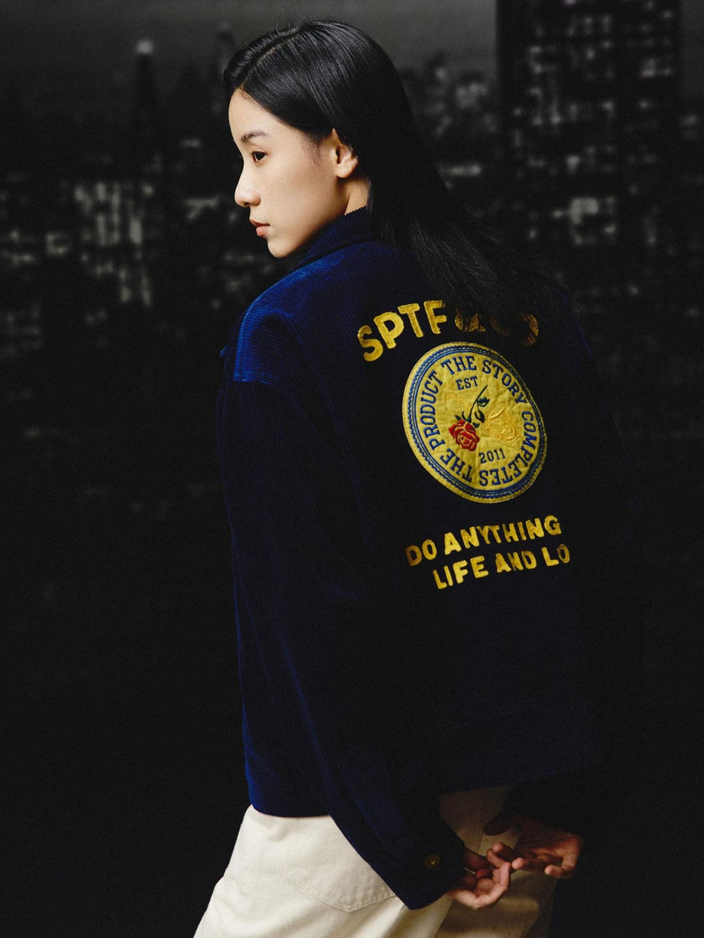 SUPERTOFU Embroidered Corduroy Loose Fit Workwear Lapel Zipper Blue Unisex Rose Utility Jackets