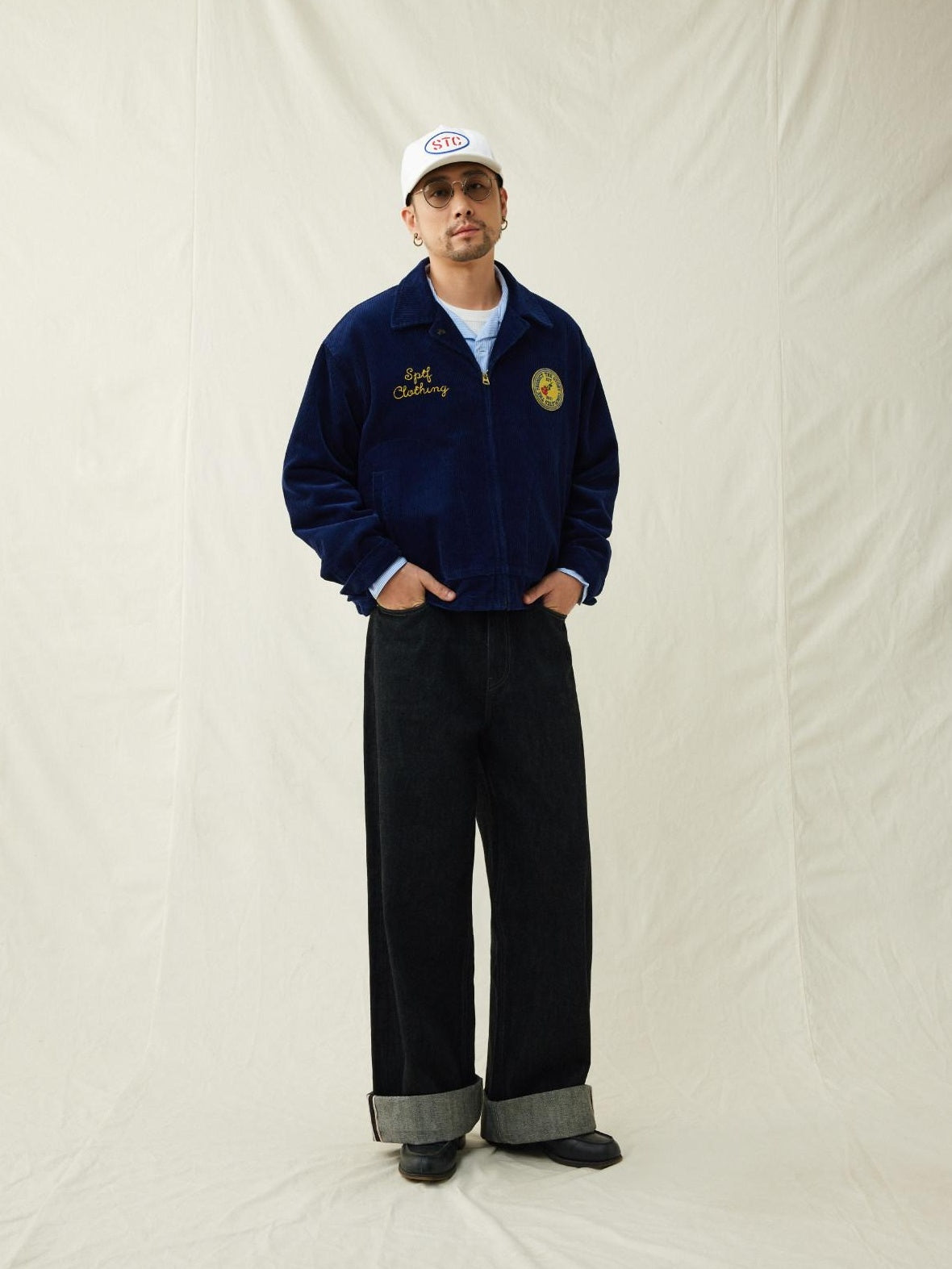 SUPERTOFU Embroidered Corduroy Loose Fit Workwear Lapel Zipper Blue Unisex Rose Utility Jackets