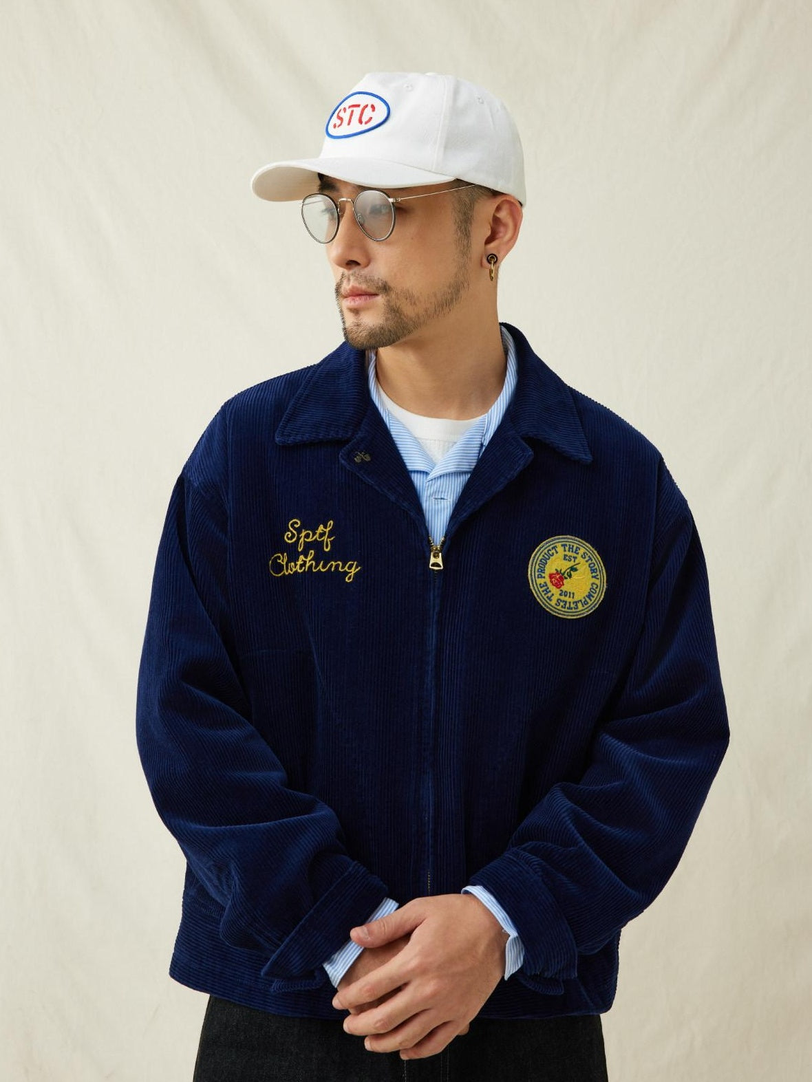 SUPERTOFU Embroidered Corduroy Loose Fit Workwear Lapel Zipper Blue Unisex Rose Utility Jackets