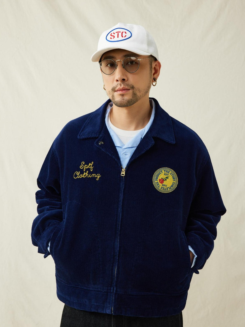 SUPERTOFU Embroidered Corduroy Loose Fit Workwear Lapel Zipper Blue Unisex Rose Utility Jackets